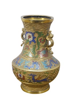Antique Japanese Bronze Champleve Cloisonne Enamel Dragon Mantel Vase Urn 12"
