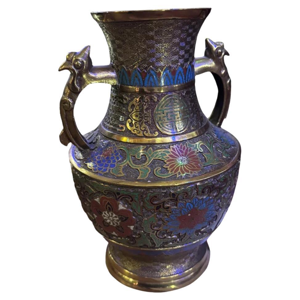 Antico vaso-urna giapponese in bronzo Cloisonné/Champleve