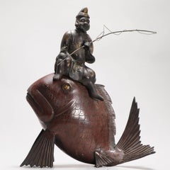 Antique Japanese Bronze / copper Statue Incense Burner Fisherman on a fish