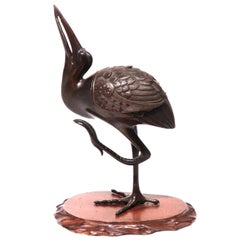 Antique Japanese Bronze Egret Incense Burner, Early 20th Century