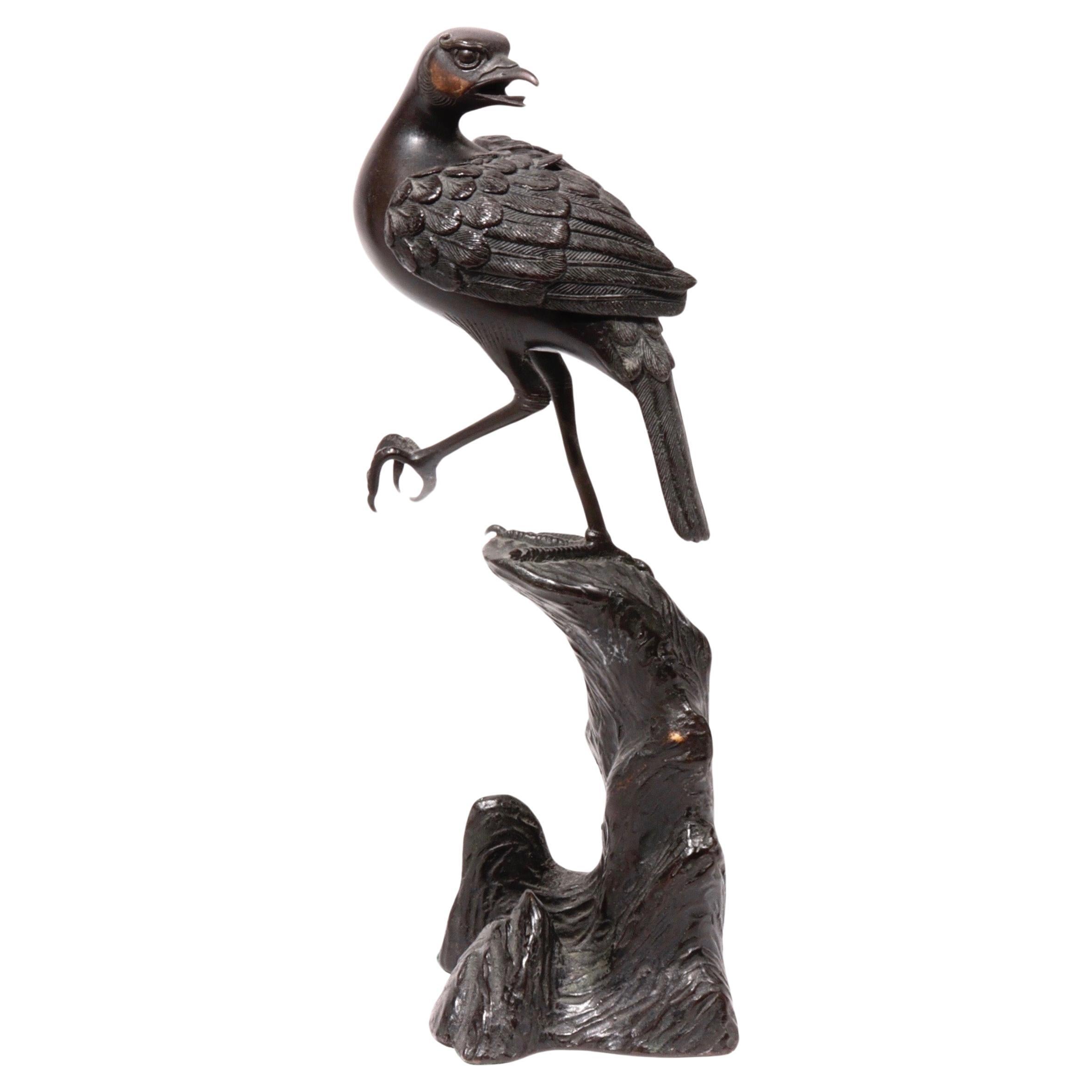 Brûleur d'encens japonais ancien en bronze, en forme d'oiseau