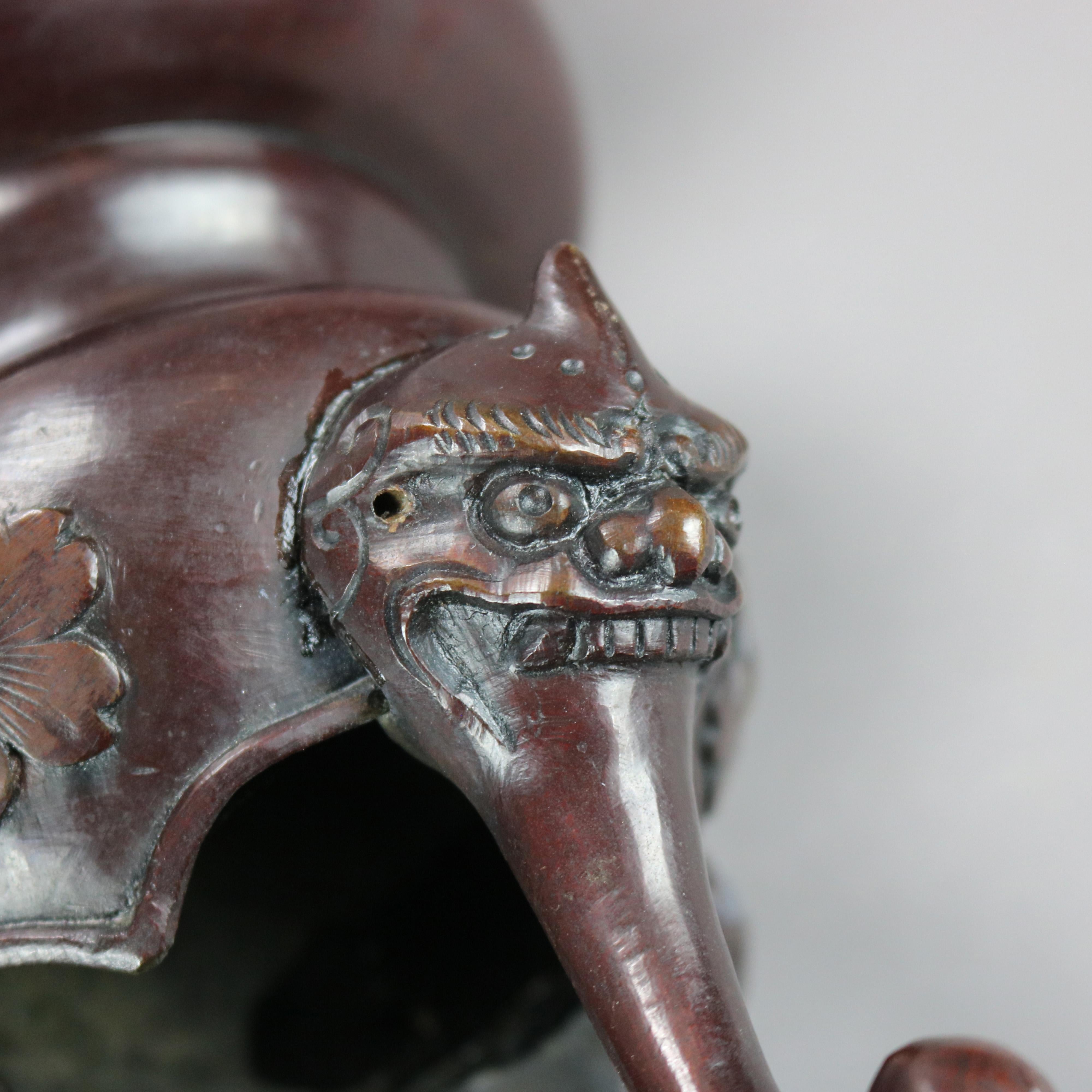 Antique Japanese Bronze Meiji Footed Censer with Figural Foo Dogs & Birds, 1900 For Sale 5