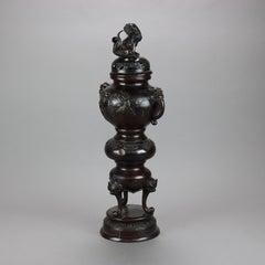 Antique Japanese Bronze Meiji Footed Censer with Figural Foo Dogs & Birds, 1900