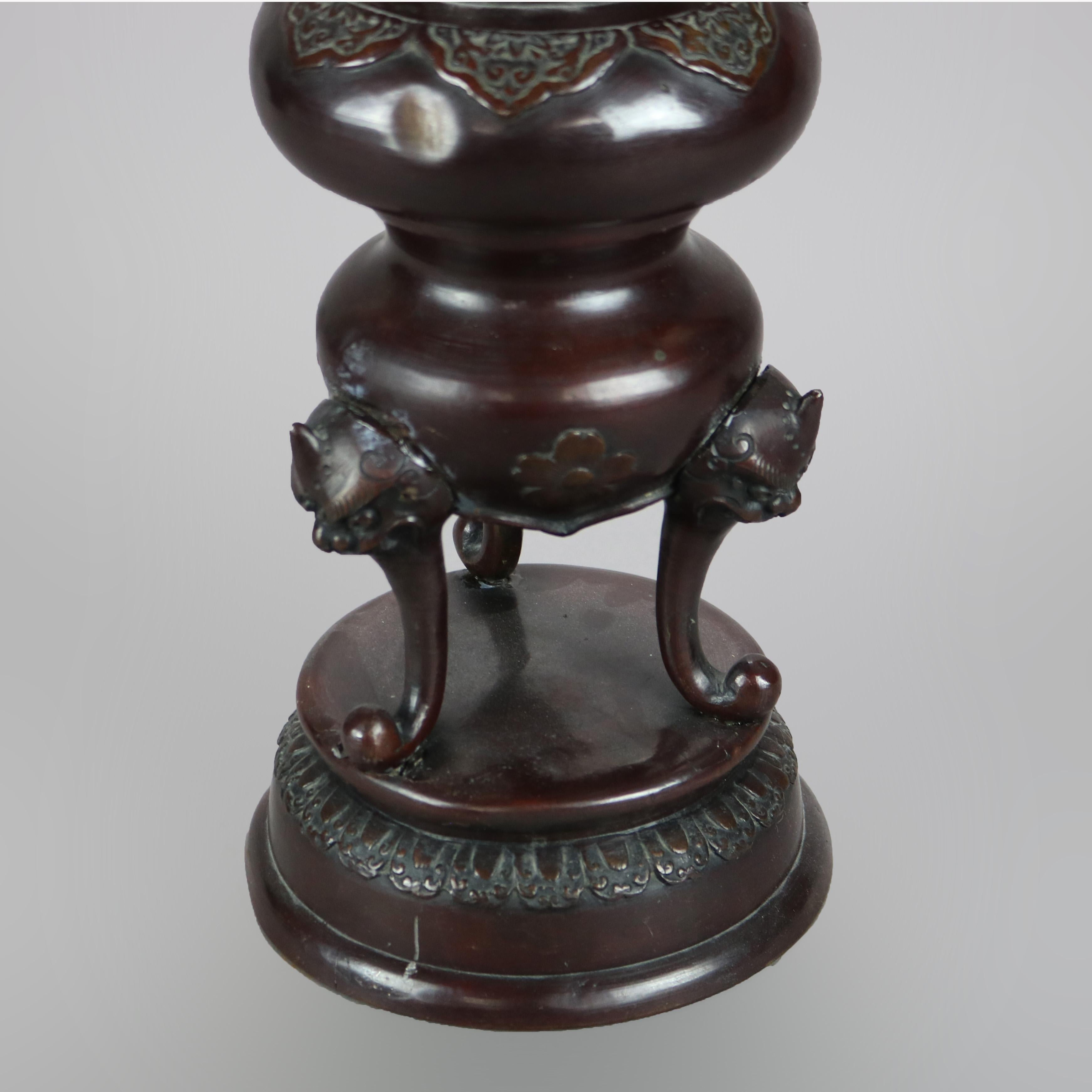Cast Antique Japanese Bronze Meiji Footed Censer with Figural Foo Dogs & Birds, 1900 For Sale