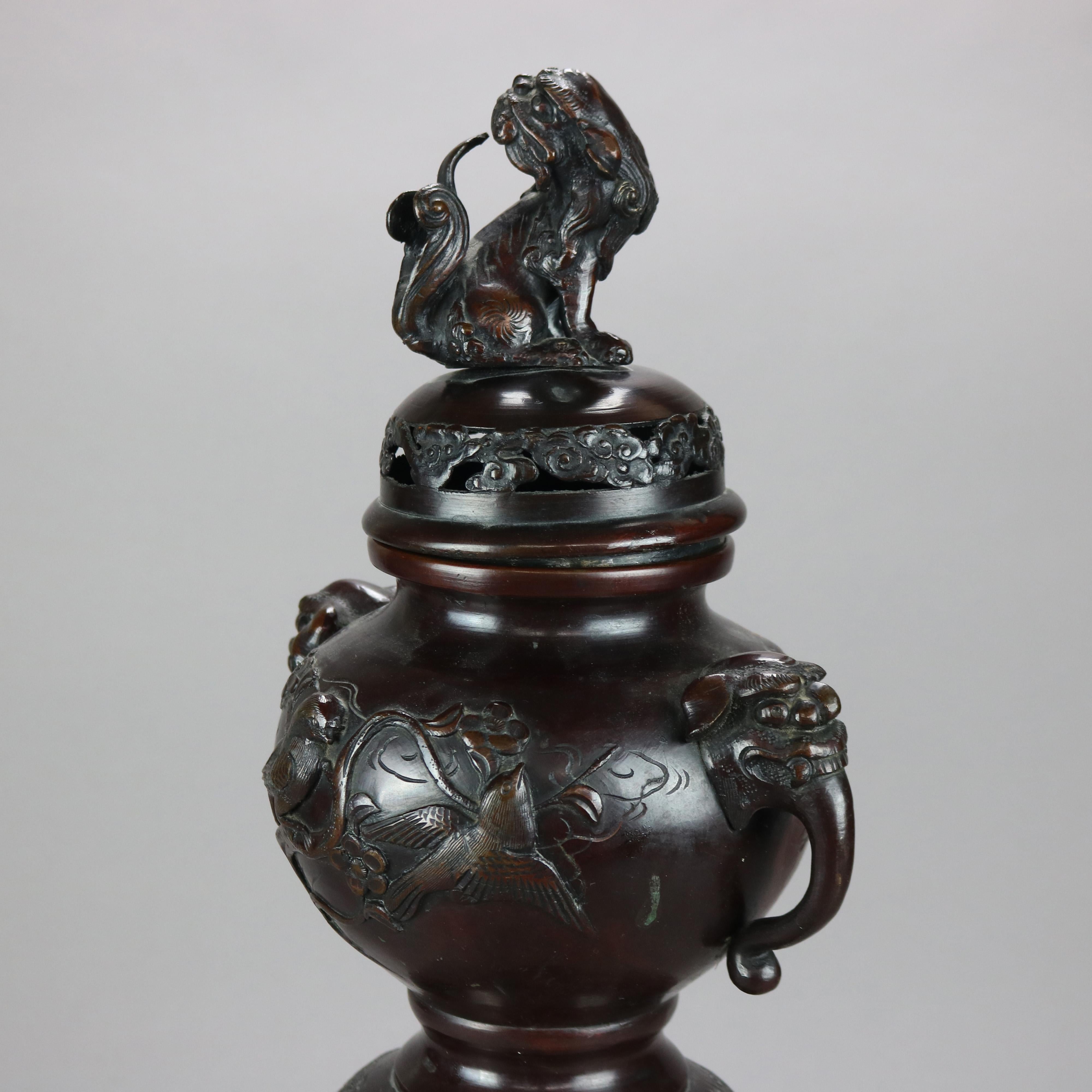 Antique Japanese Bronze Meiji Footed Censer with Figural Foo Dogs & Birds, 1900 In Good Condition For Sale In Big Flats, NY