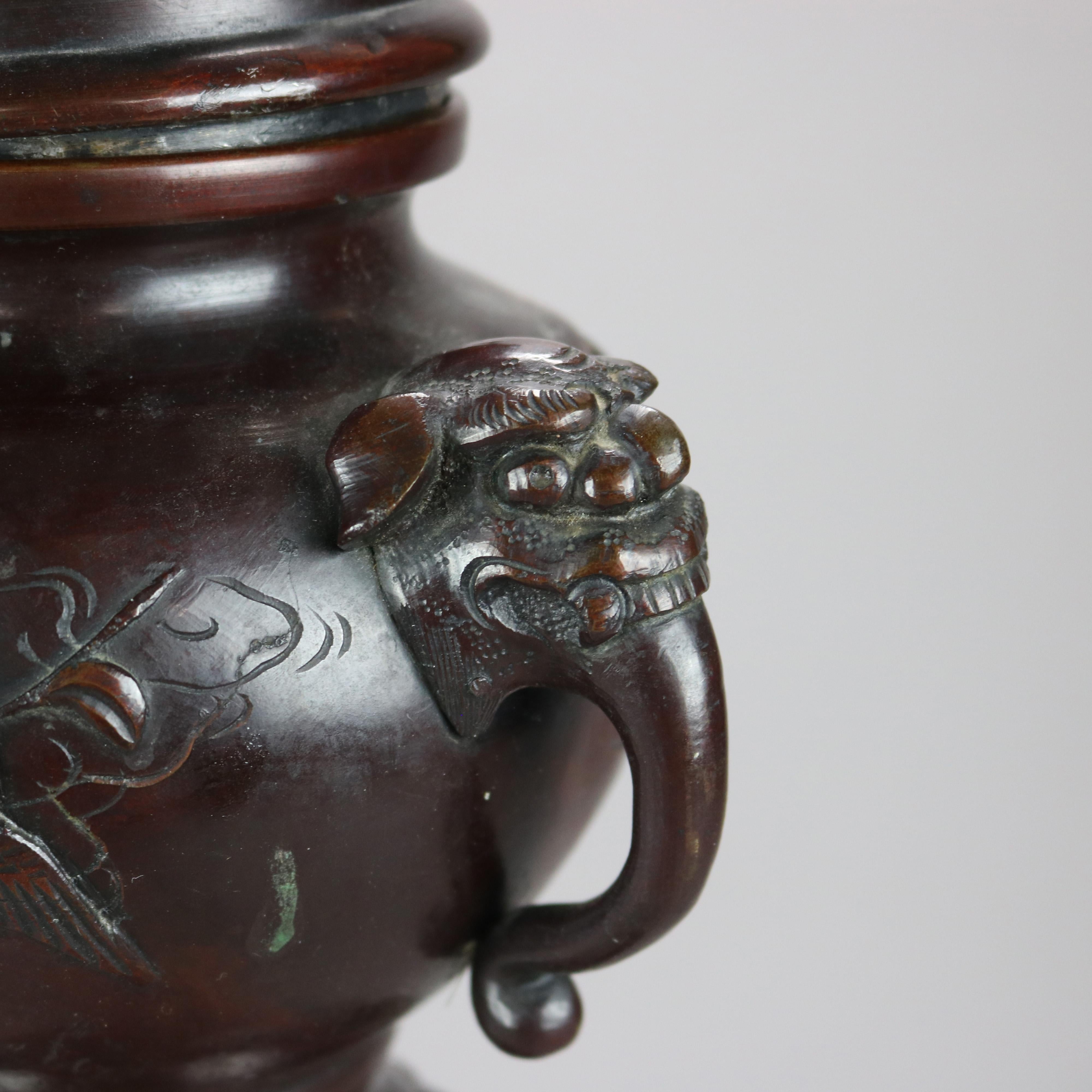 Antique Japanese Bronze Meiji Footed Censer with Figural Foo Dogs & Birds, 1900 For Sale 1