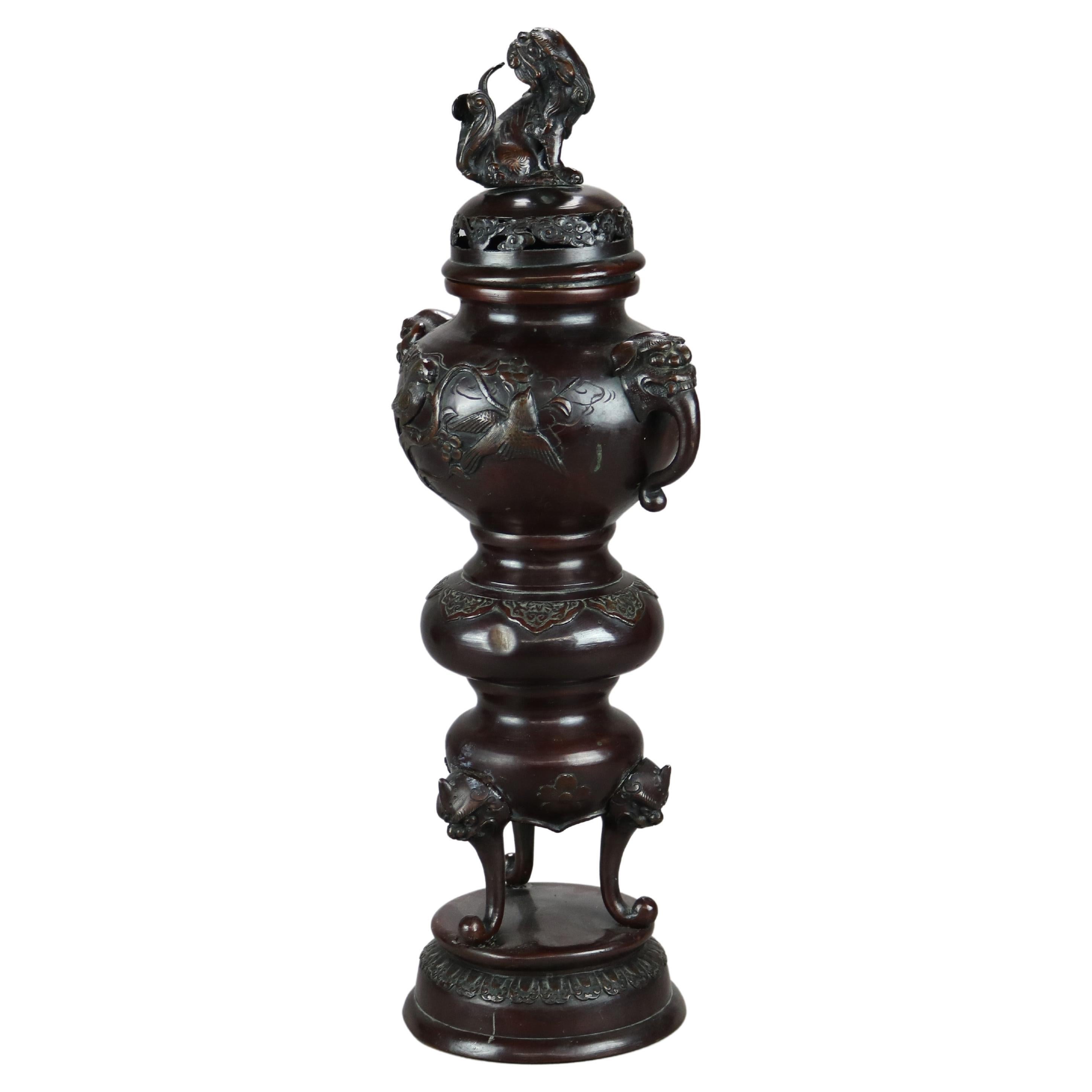 Antique Japanese Bronze Meiji Footed Censer with Figural Foo Dogs & Birds, 1900 For Sale