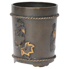 Antique Japanese Bronze Meiji Jar with Quails & Figure, 19th Century