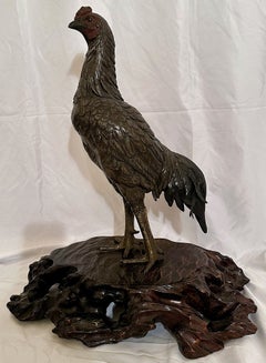 Antique Japanese Bronze Rooster Statue, Circa 1900-1910's.