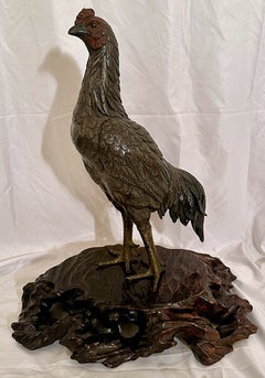 Antica statua di gallo giapponese in bronzo, anni 1900-1910 circa.