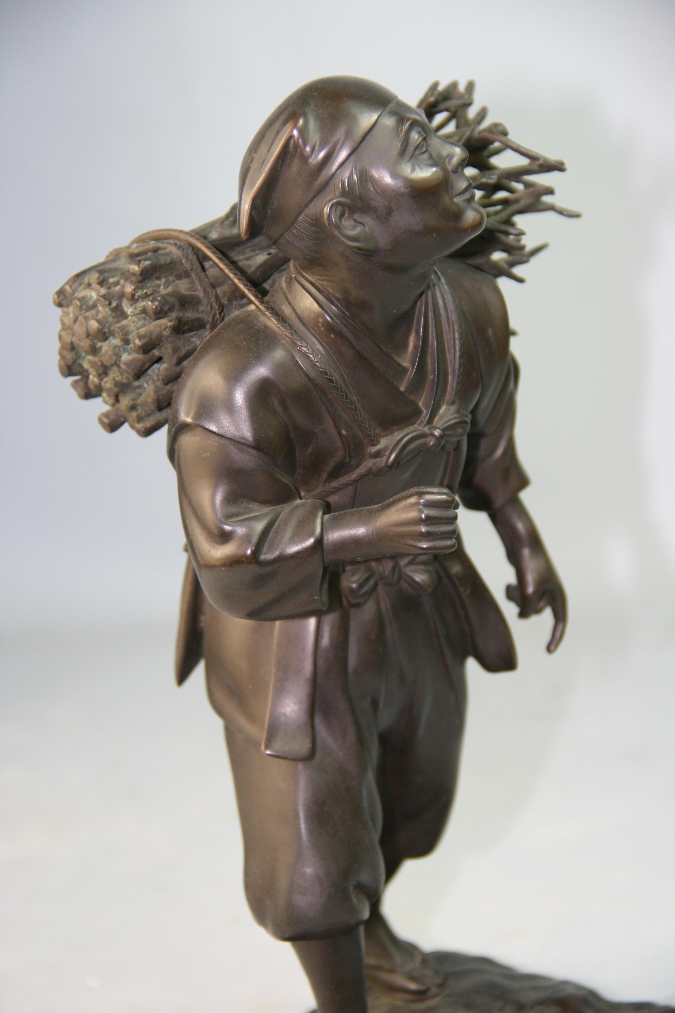 Antique Japanese Bronze Sculpture of a Peasant Worker 1920's For Sale 10