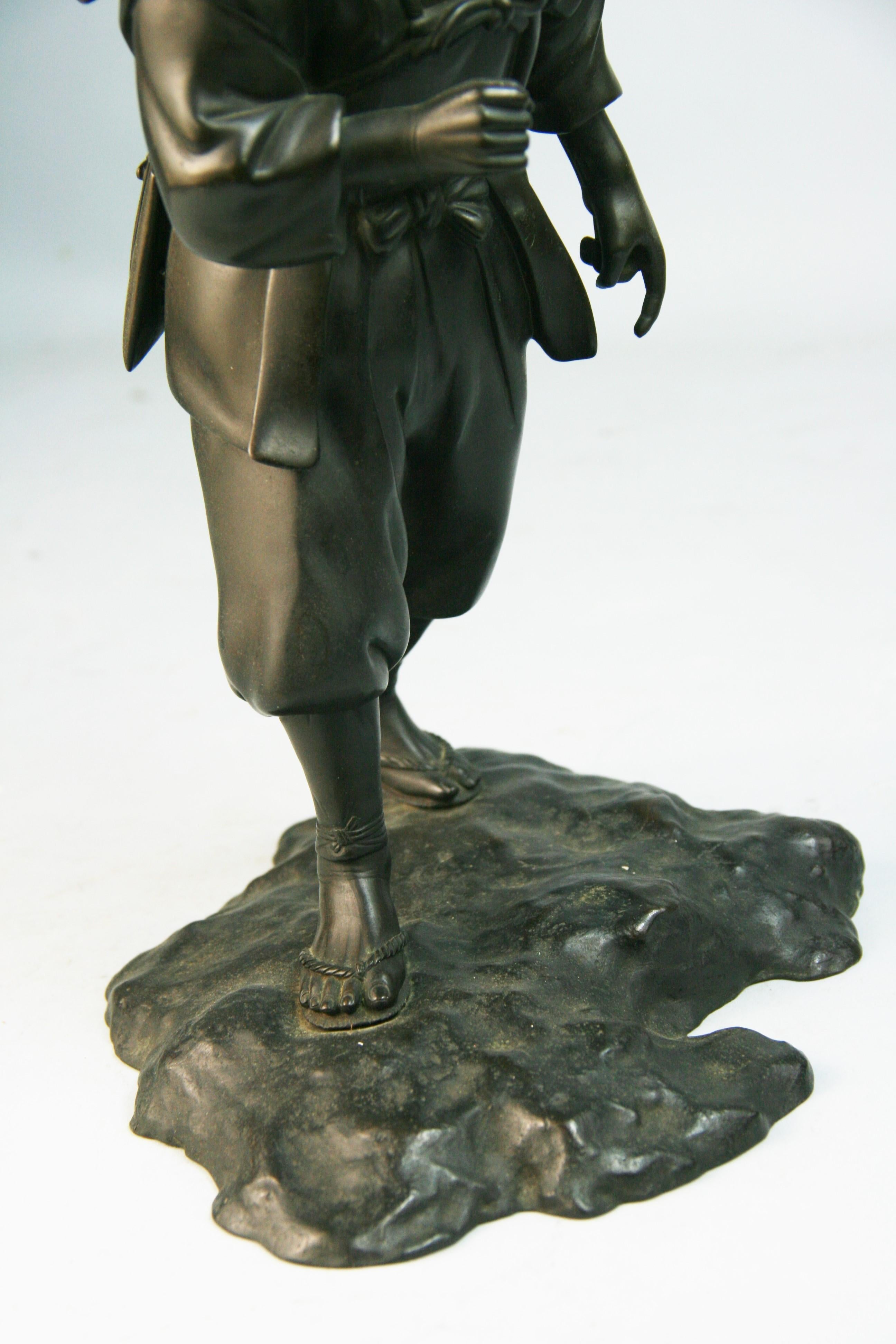 Antique Japanese Bronze Sculpture of a Peasant Worker 1920's For Sale 11