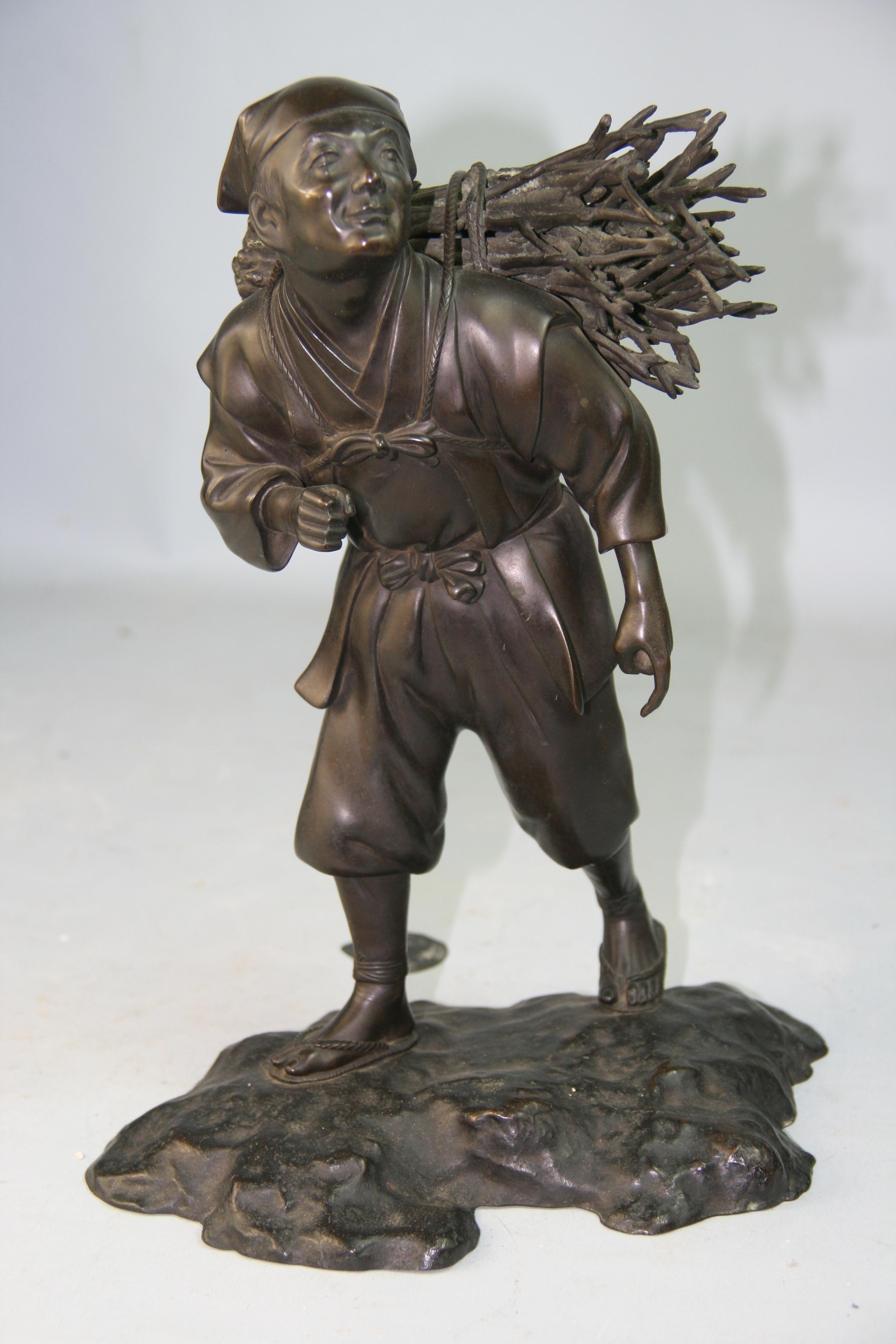 Antique Japanese Bronze Sculpture of a Peasant Worker 1920's For Sale 12