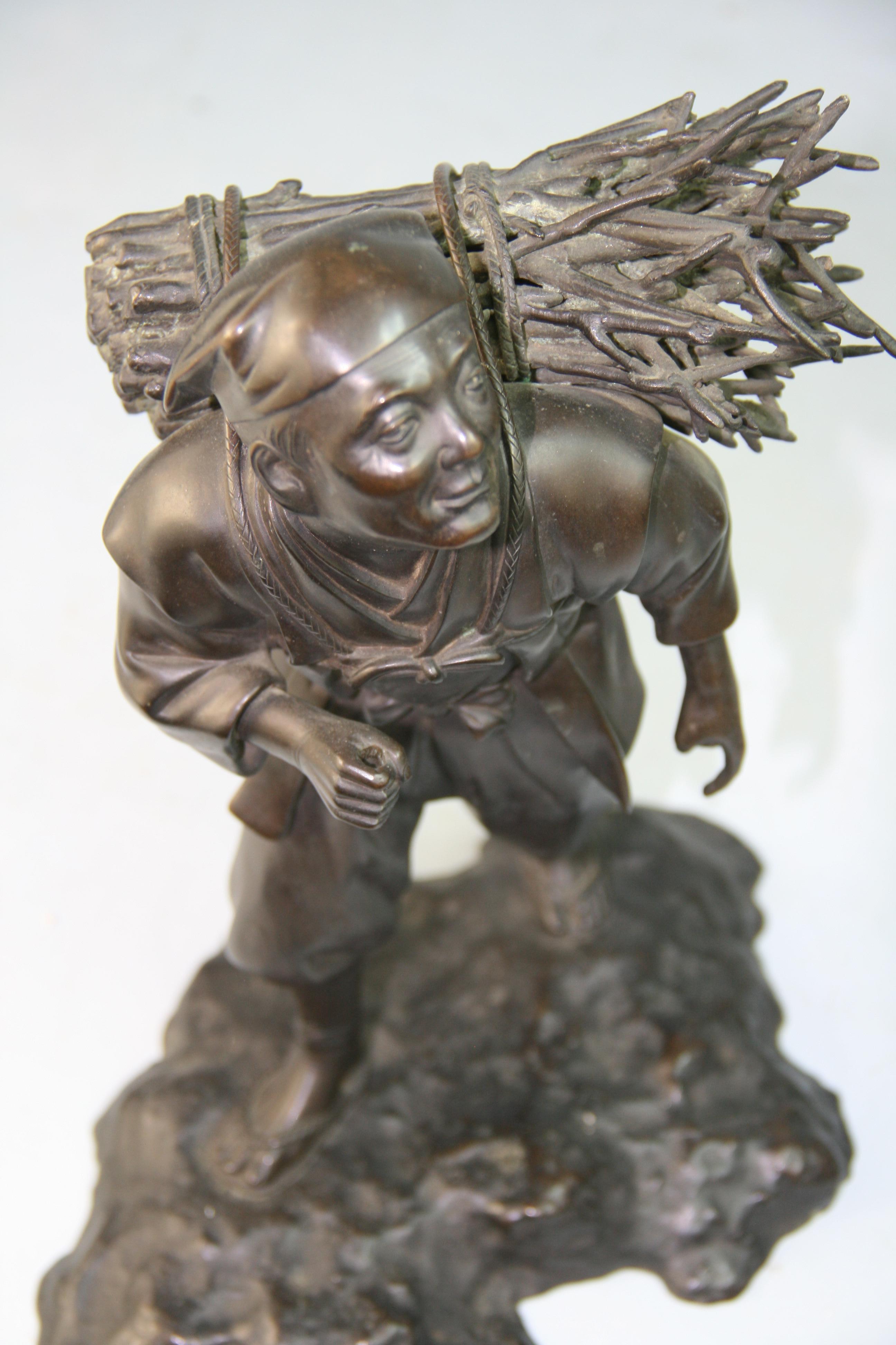 Antique Japanese Bronze Sculpture of a Peasant Worker 1920's For Sale 13
