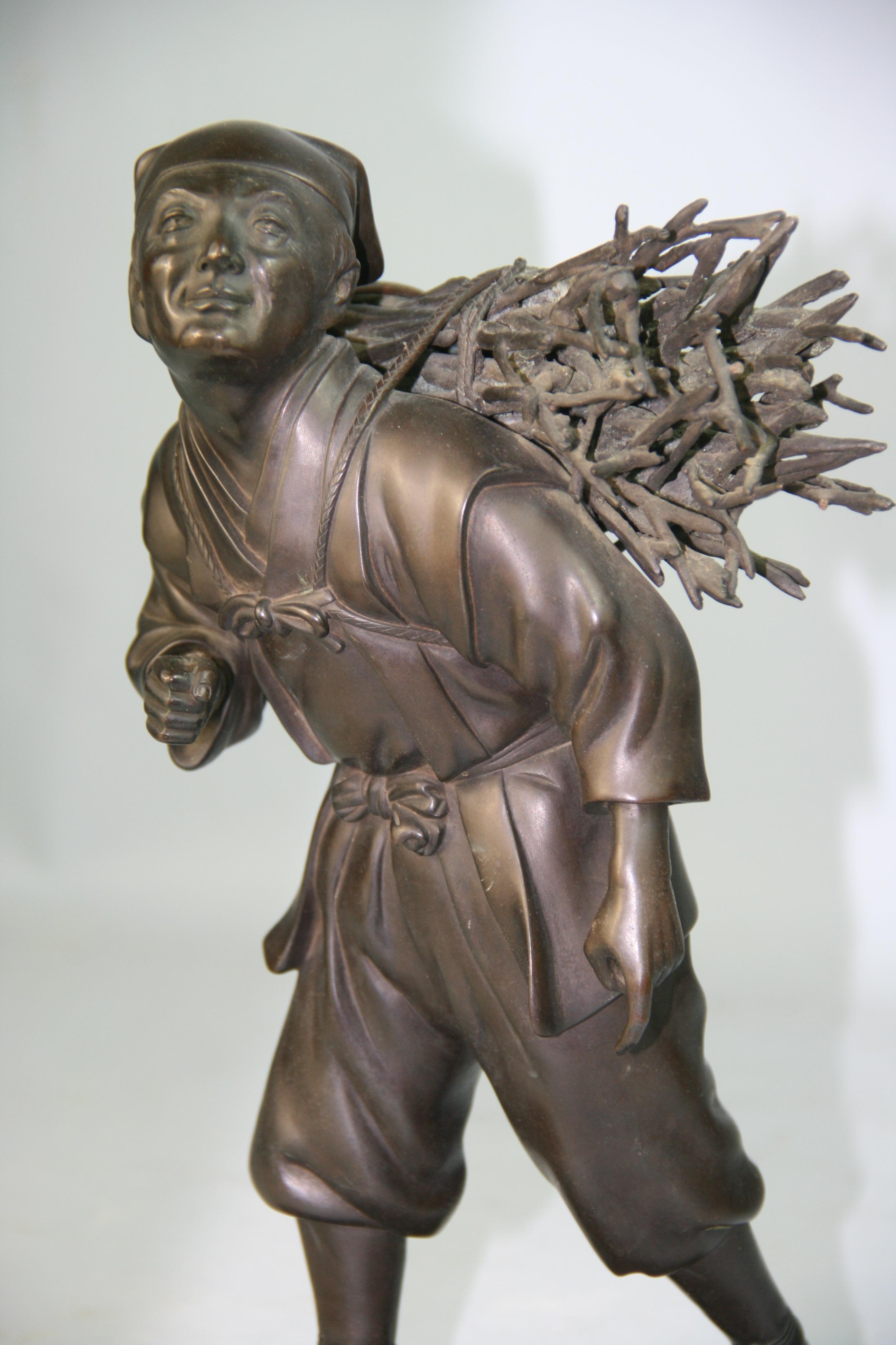 Antique Japanese Bronze Sculpture of a Peasant Worker 1920's In Good Condition For Sale In Douglas Manor, NY
