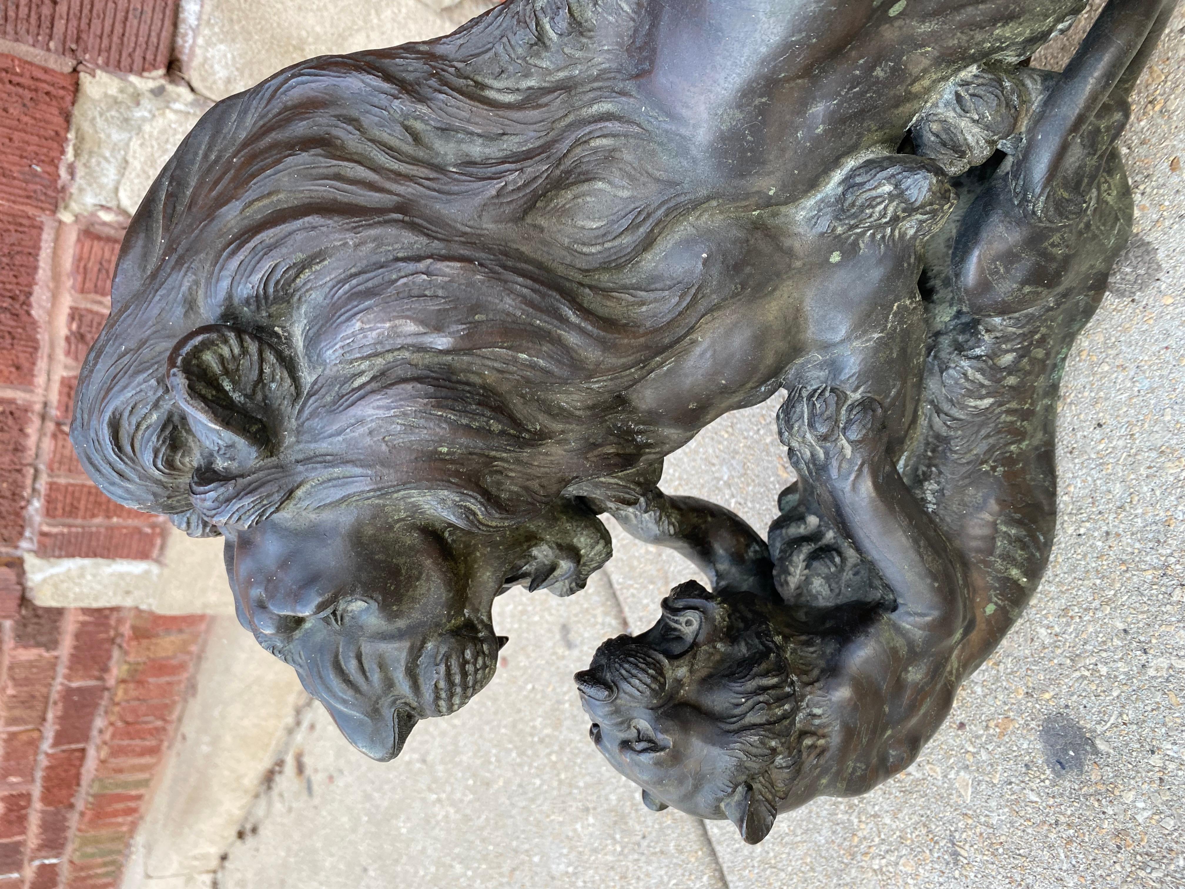 Antique Japanese Bronze Sculpture of Roaring Lion vs. Tiger For Sale 1