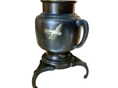 Antique Japanese Bronze Usubata Vase – Meiji Period, Crane and Bamboo Inlay.