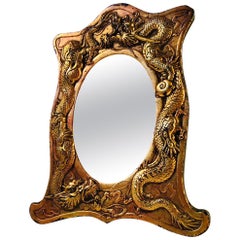 Antique Japanese Bronze Vanity Mirror with Dragons, circa 1900