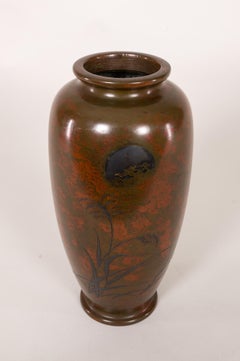 Antique Japanese Bronze Vase with Landscape and Red Patina