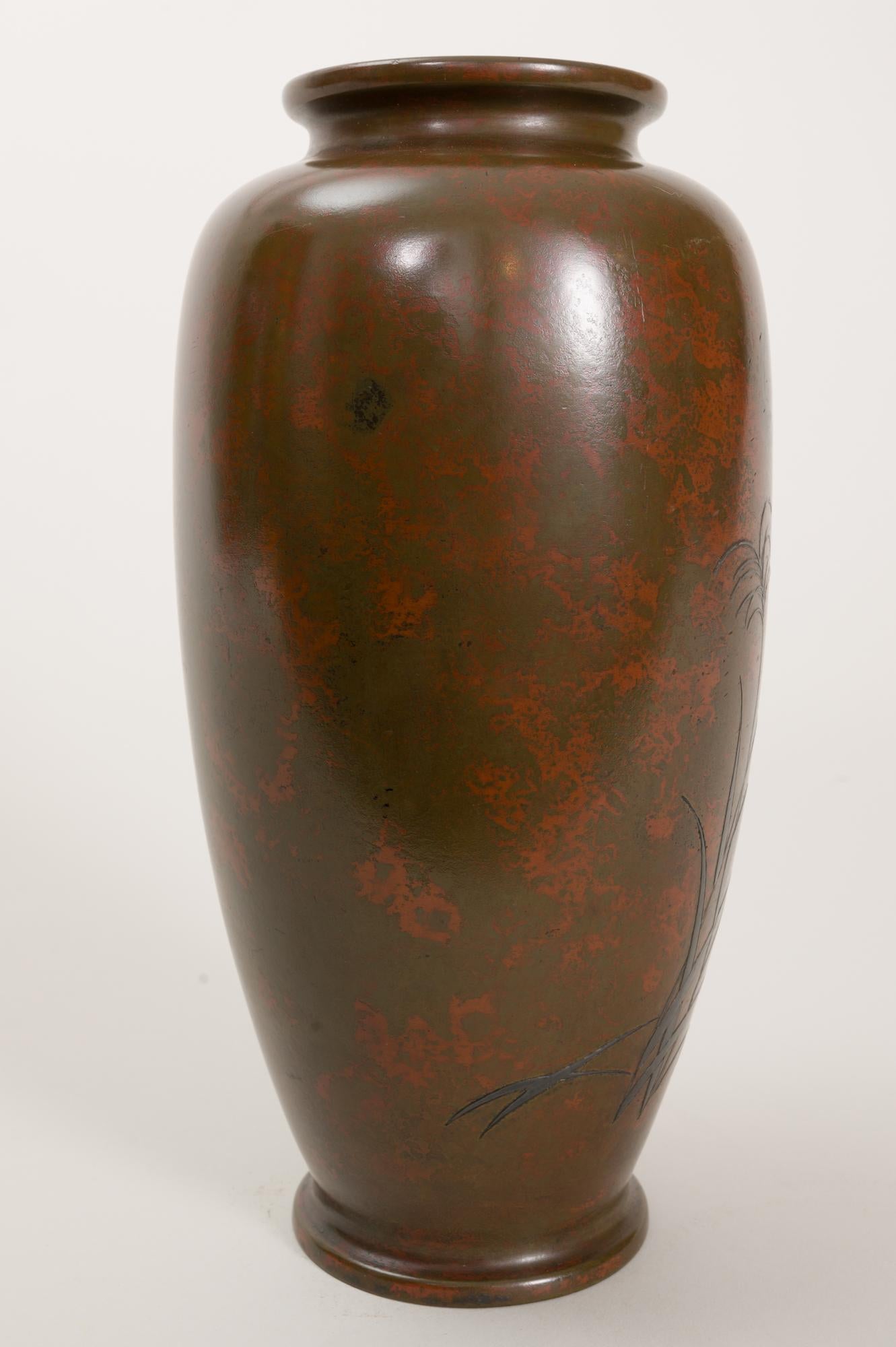 Meiji Antique Japanese Bronze Vase with Landscape and Red Patina For Sale