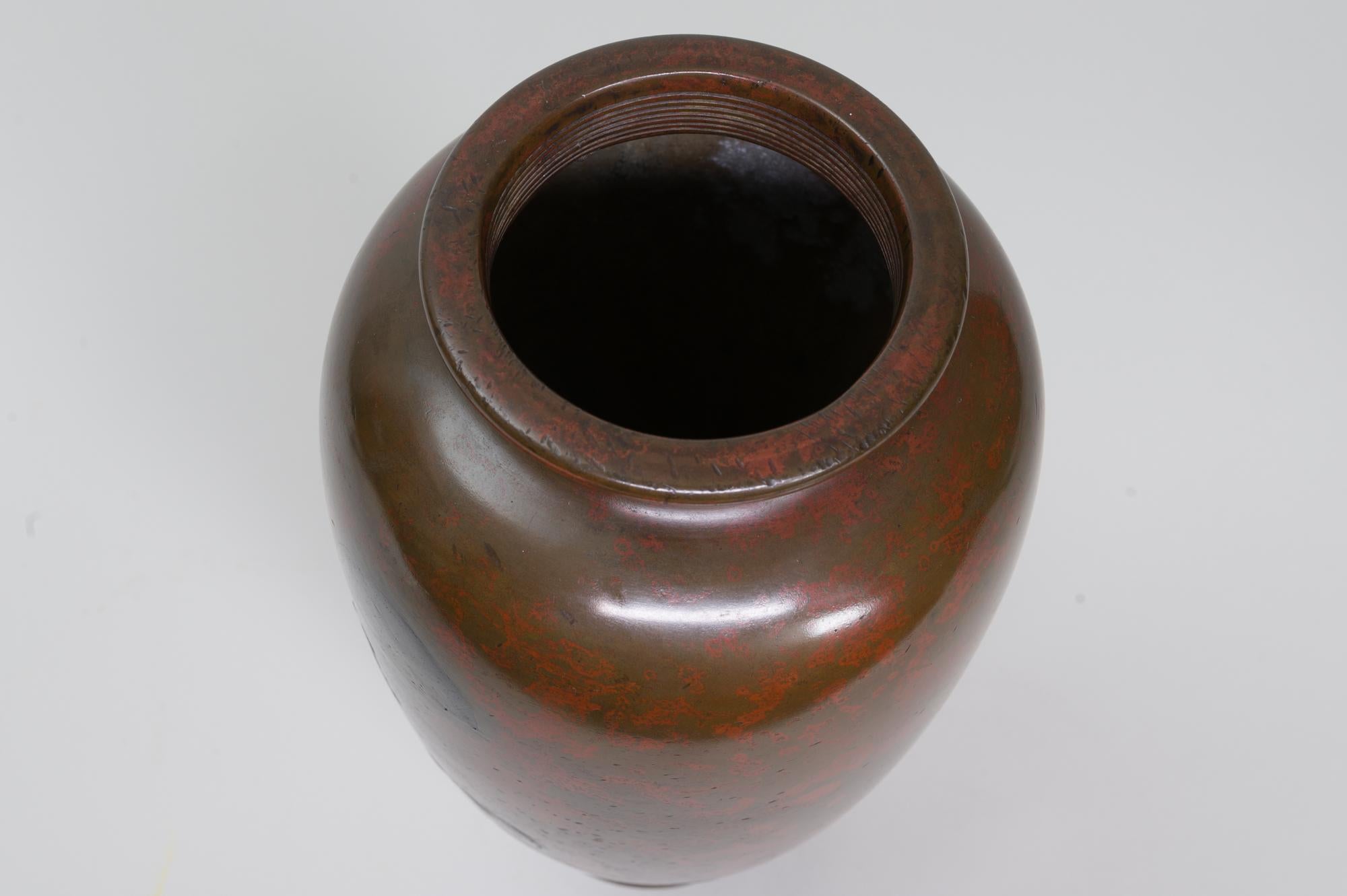 Antique Japanese Bronze Vase with Landscape and Red Patina In Good Condition For Sale In Hudson, NY