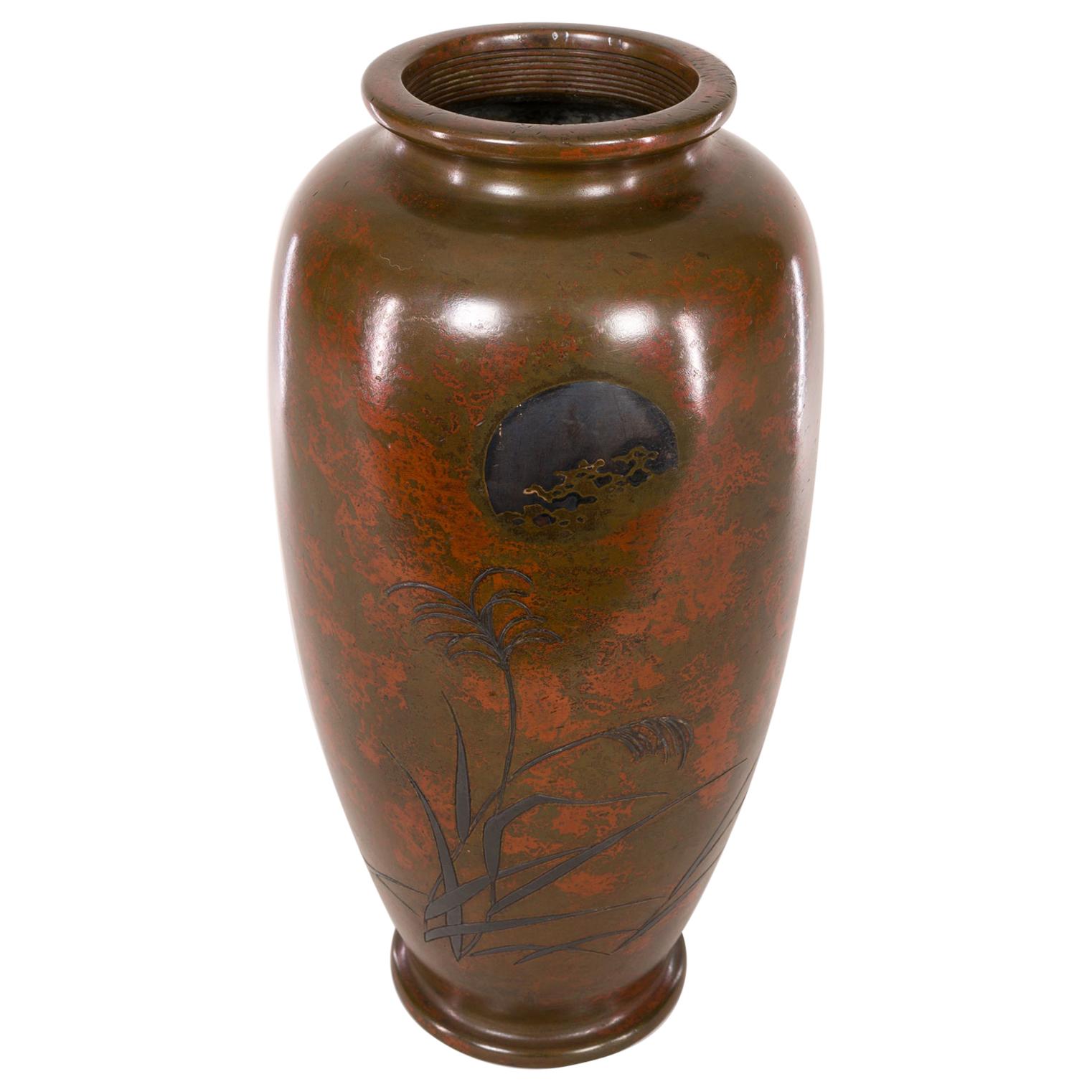 Antique Japanese Bronze Vase with Landscape and Red Patina For Sale