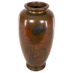 Antique Japanese Bronze Vase with Landscape and Red Patina