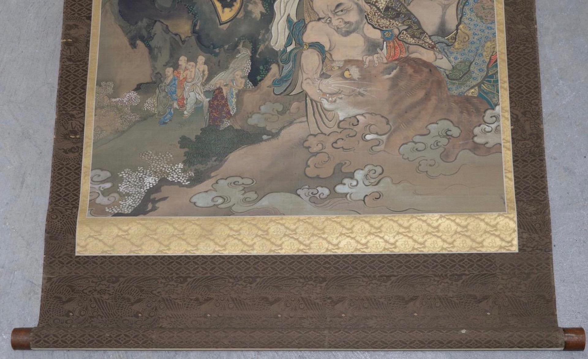 Fine antique Japanese hanging scroll, circa 1910

The scroll depicts Buddha and his disciples (arhats or rakans) and is absolutely beautiful as you can see by the images here.

The scroll measures 40