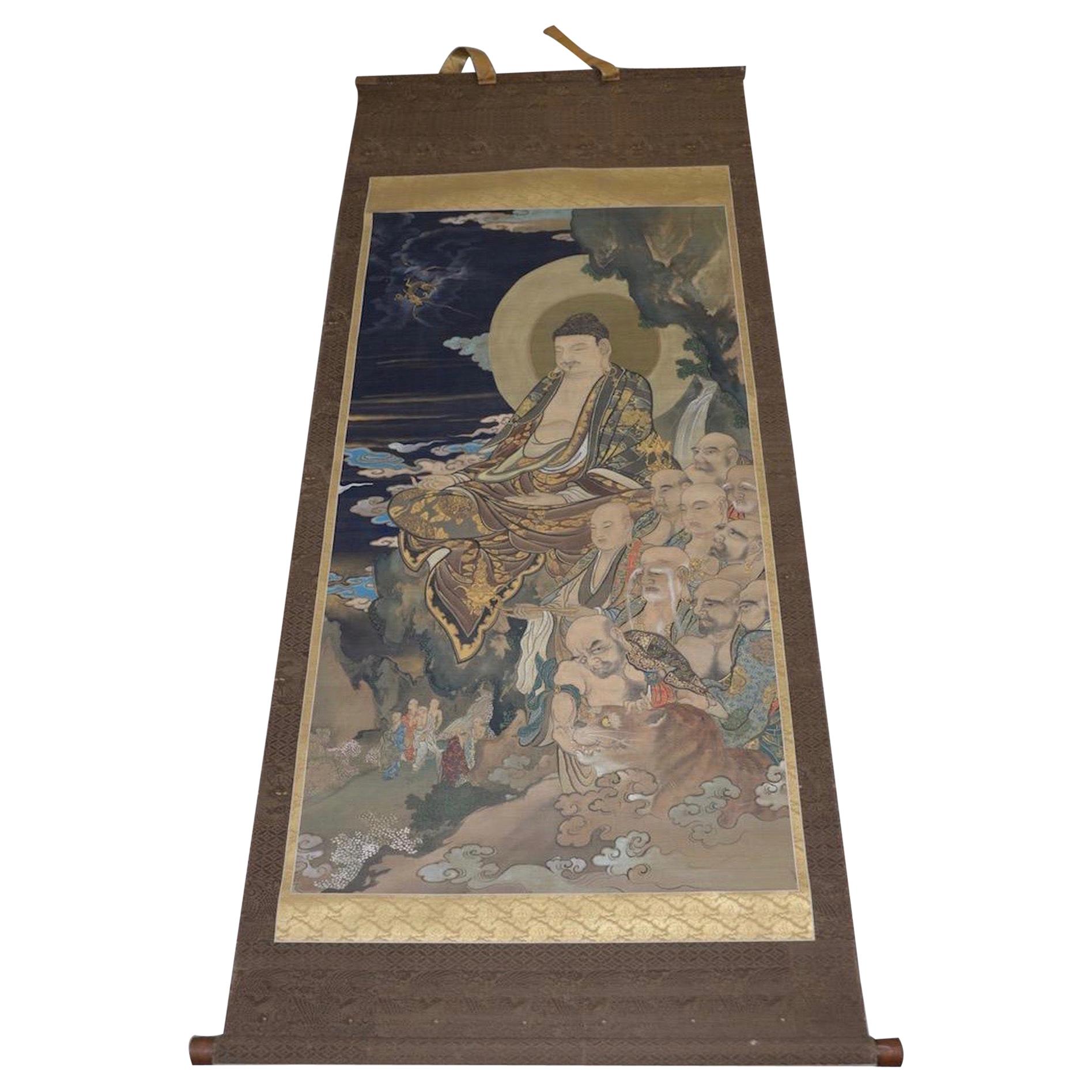 Antique Japanese "Buddha and His Disciples" Hanging Scroll, Early 20th Century