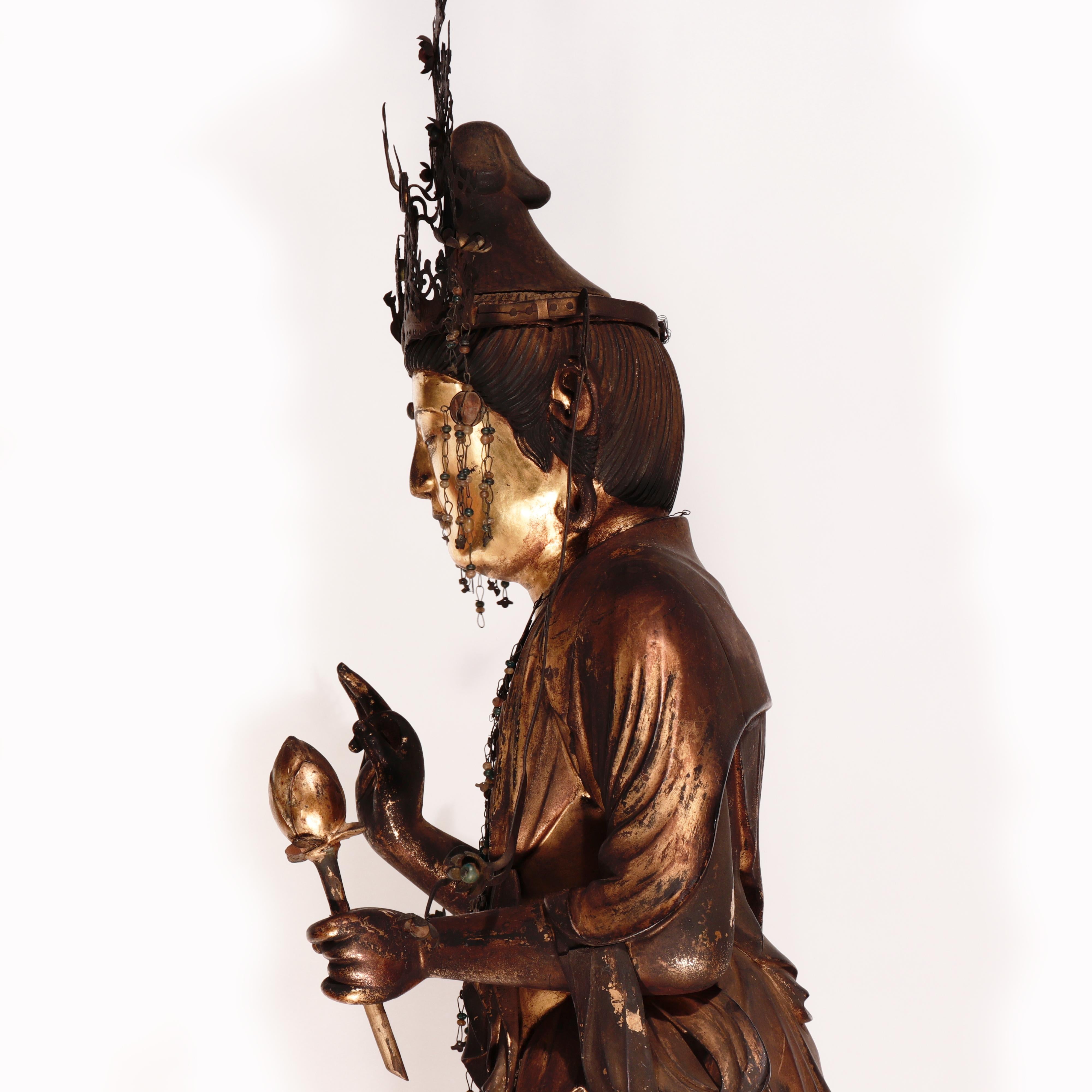 Antique Japanese Buddhist Gilded Wood Kannon Sculpture For Sale 6