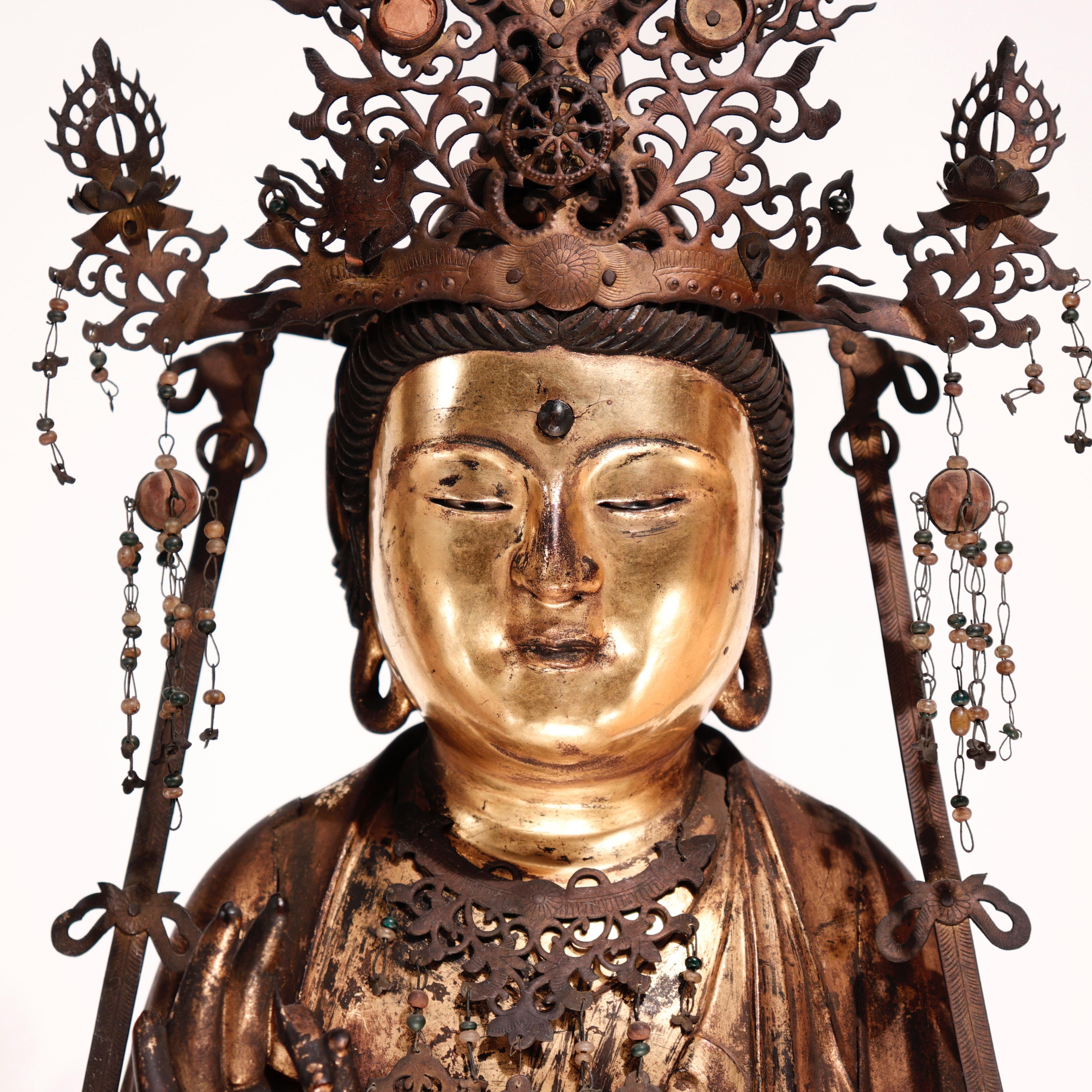 Japonisme Antique Japanese Buddhist Gilded Wood Kannon Sculpture For Sale