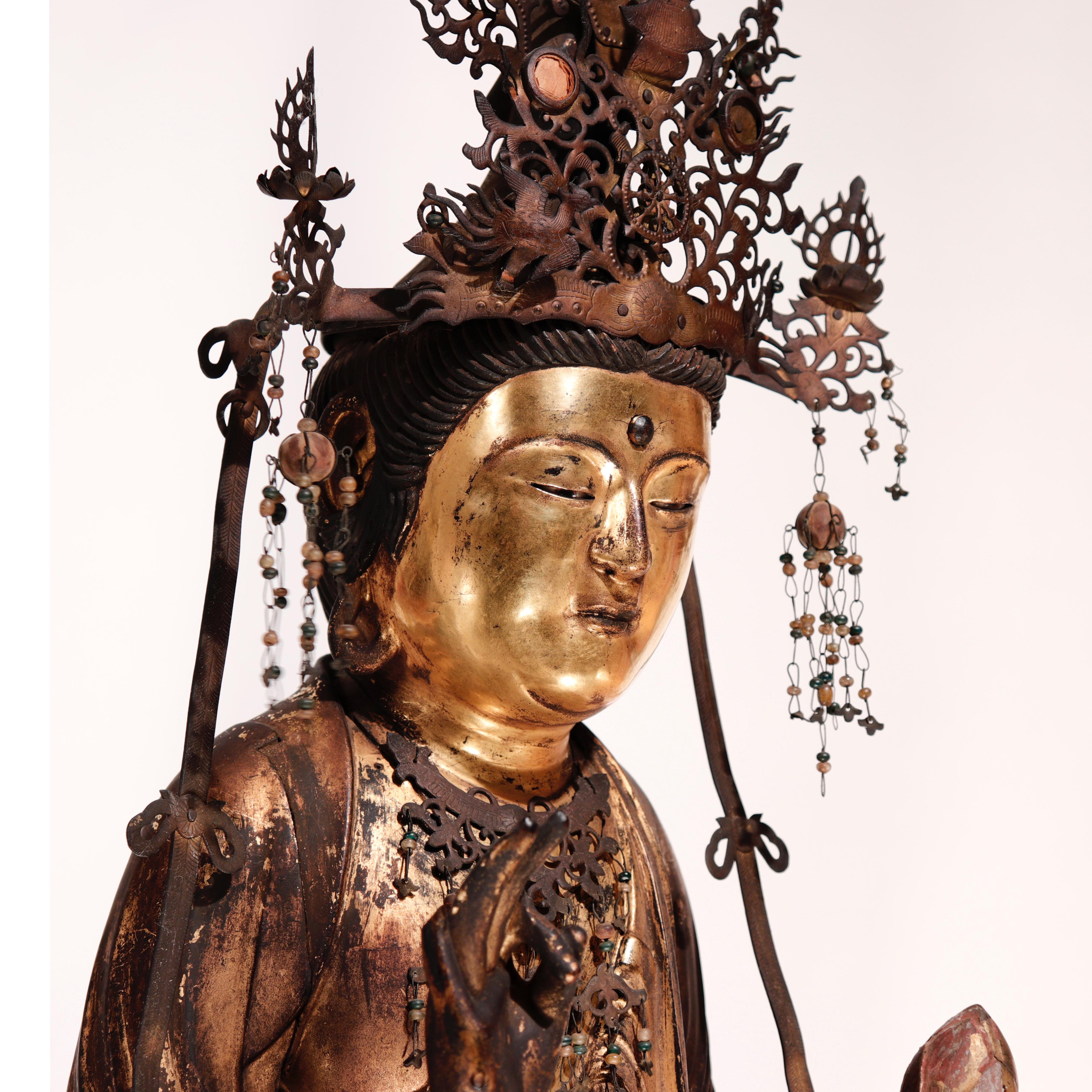 Hand-Carved Antique Japanese Buddhist Gilded Wood Kannon Sculpture For Sale