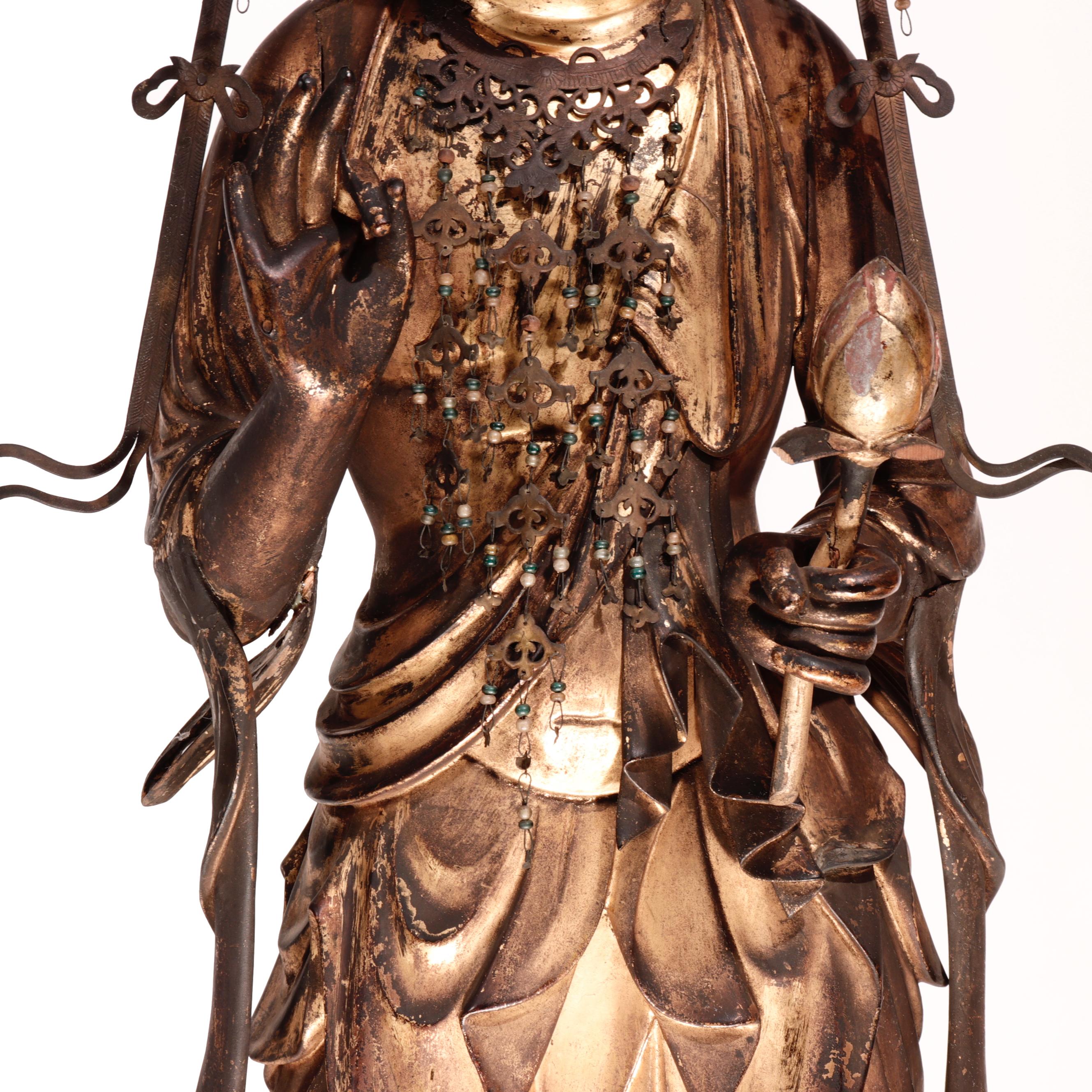 18th Century and Earlier Antique Japanese Buddhist Gilded Wood Kannon Sculpture For Sale