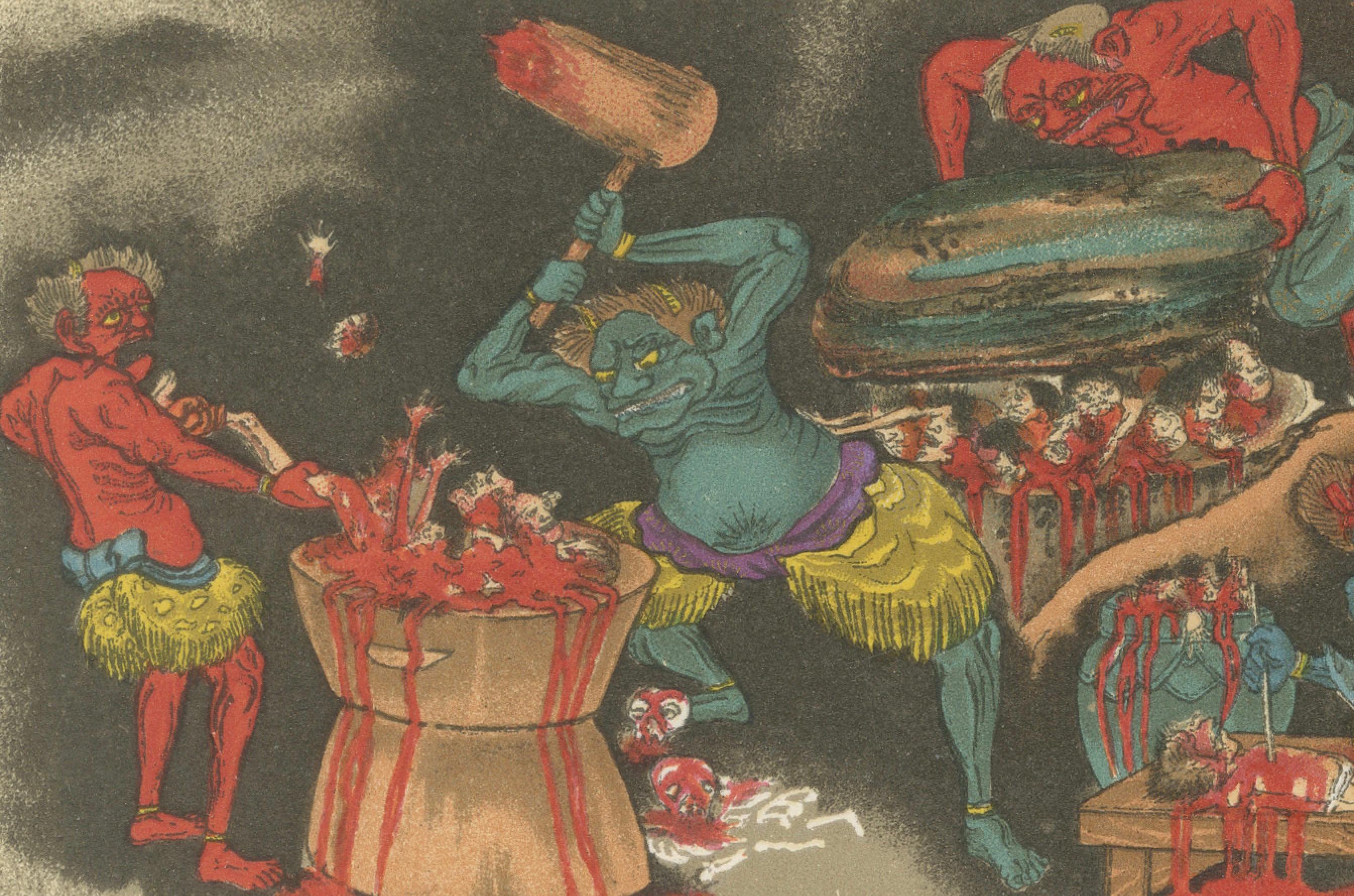 Ancienne estampe japonaise de scènes d'enfer bouddhiste : Vivides représentations du 19e siècle Bon état - En vente à Langweer, NL