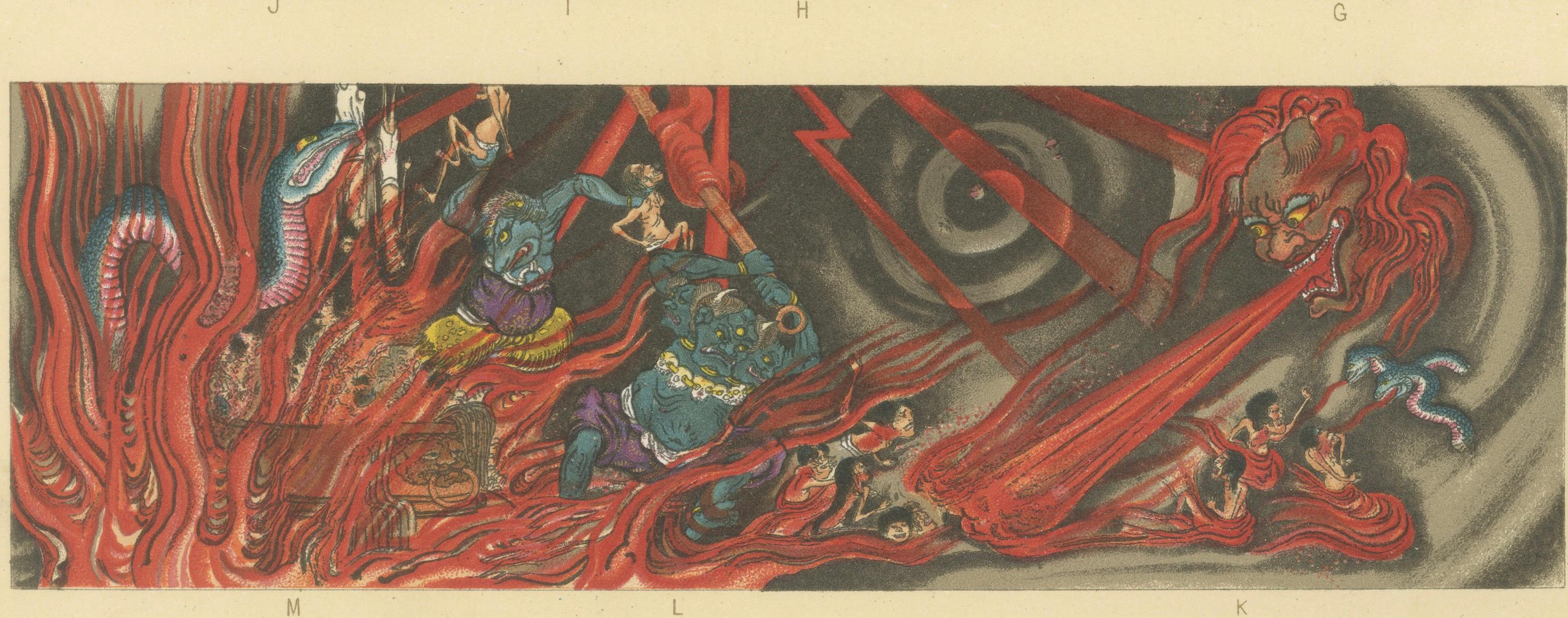 Papier Ancienne estampe japonaise de scènes d'enfer bouddhiste : Vivides représentations du 19e siècle en vente