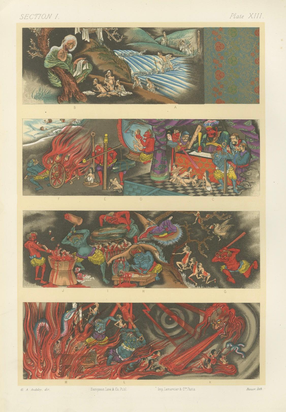 Ancienne estampe japonaise de scènes d'enfer bouddhiste : Vivides représentations du 19e siècle en vente 4