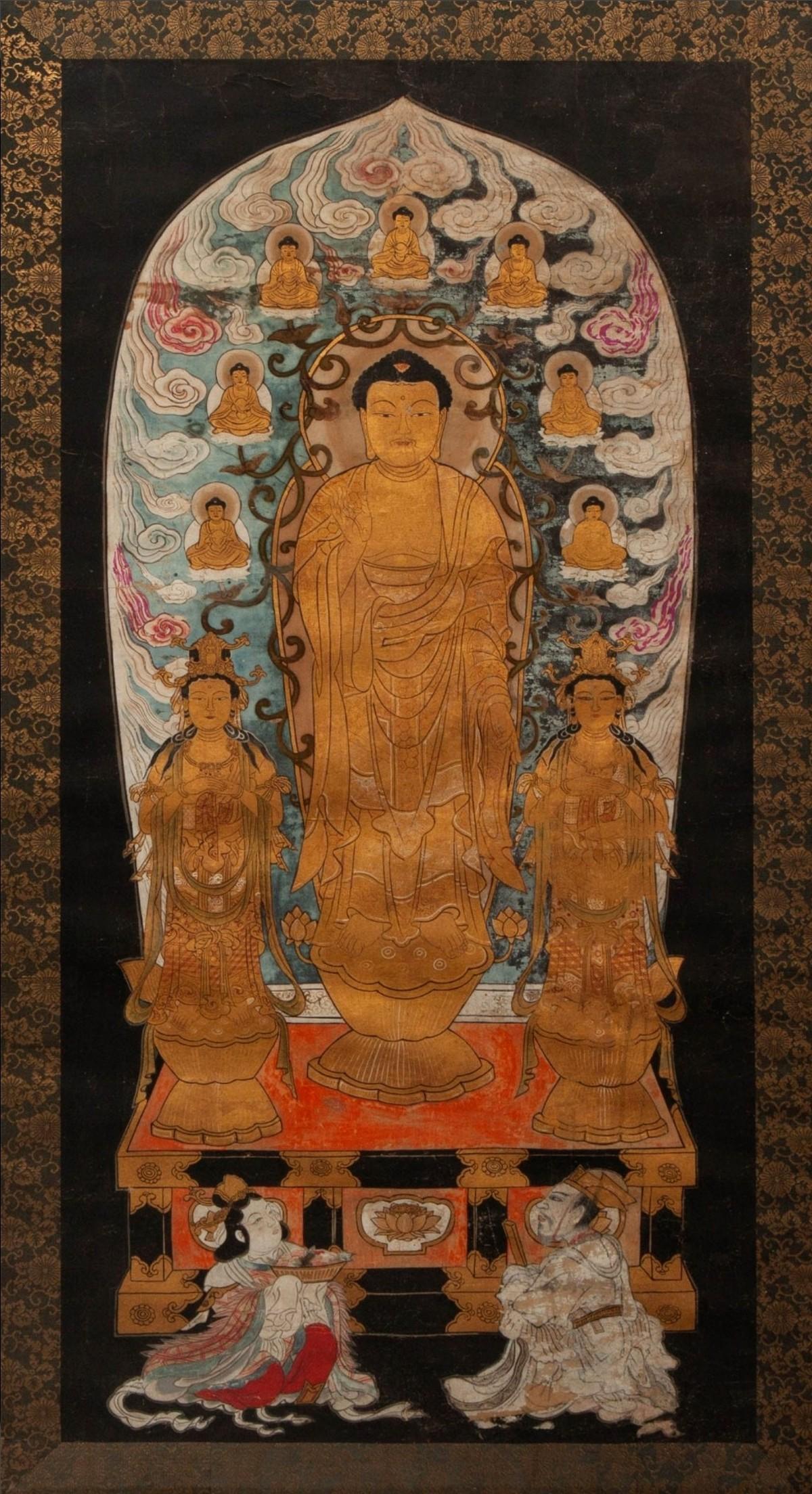 A beautiful framed antique Japanese School ink and color painting on silk, 19th century, finely detailed and richly colored, depicting Amida Triad, with two Bodhisattva attendants worshipping Buddha, on a gilt arabesque mat, in a black frame.