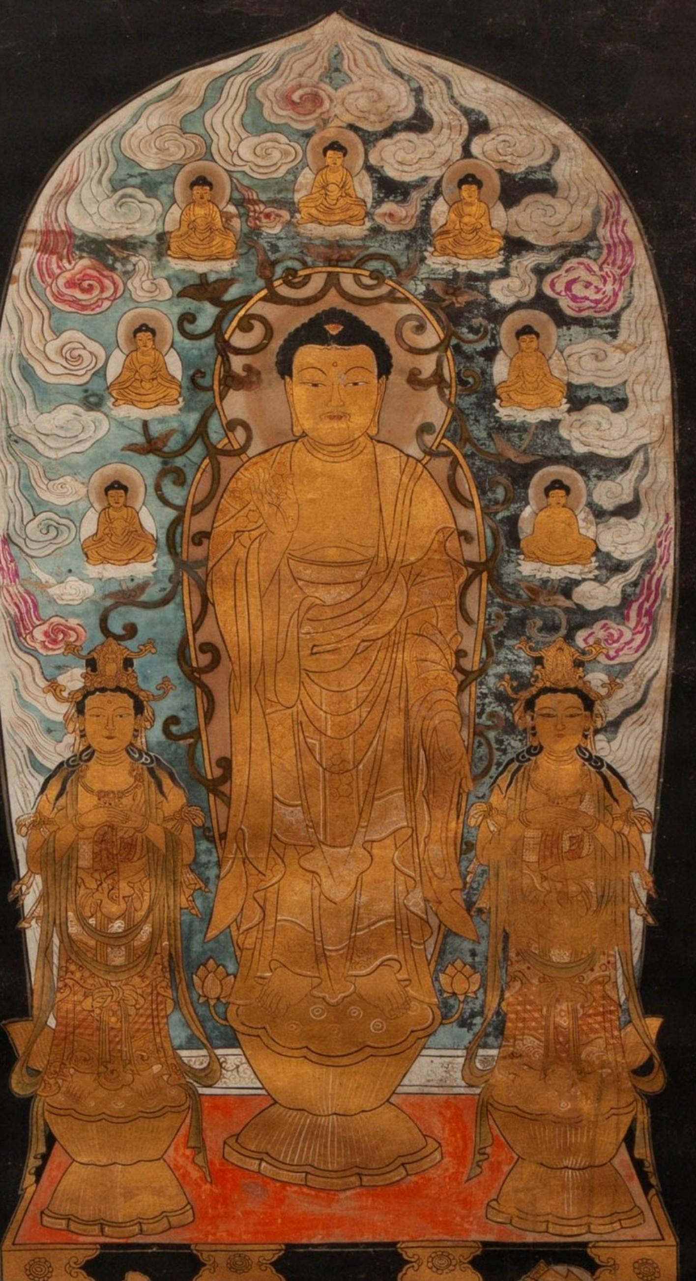 Edo Antique Japanese Buddhist Ink & Color On Silk Painting Amida Triad Buddha For Sale