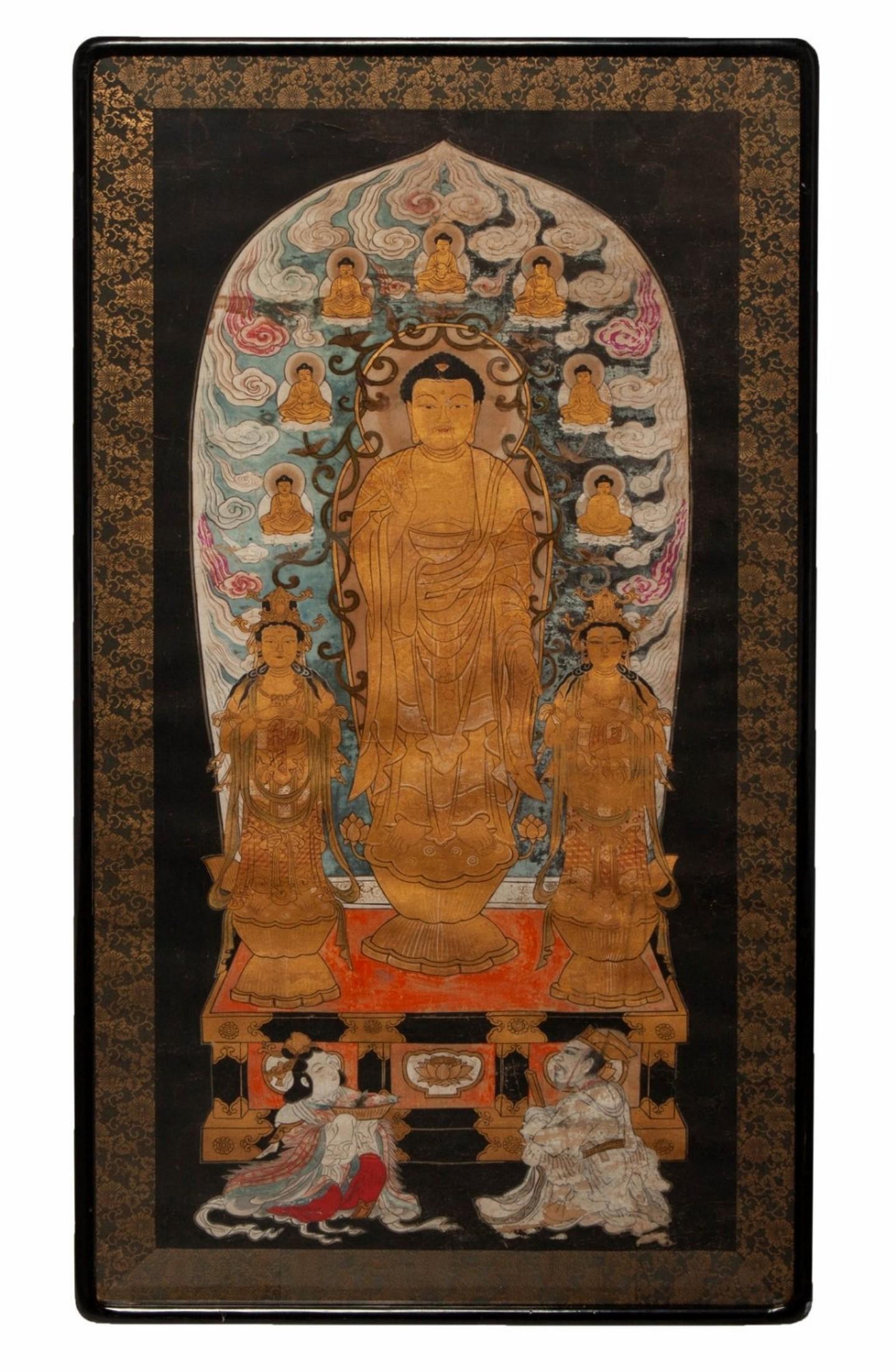 Antique Japanese Buddhist Ink & Color On Silk Painting Amida Triad Buddha In Good Condition For Sale In Forney, TX