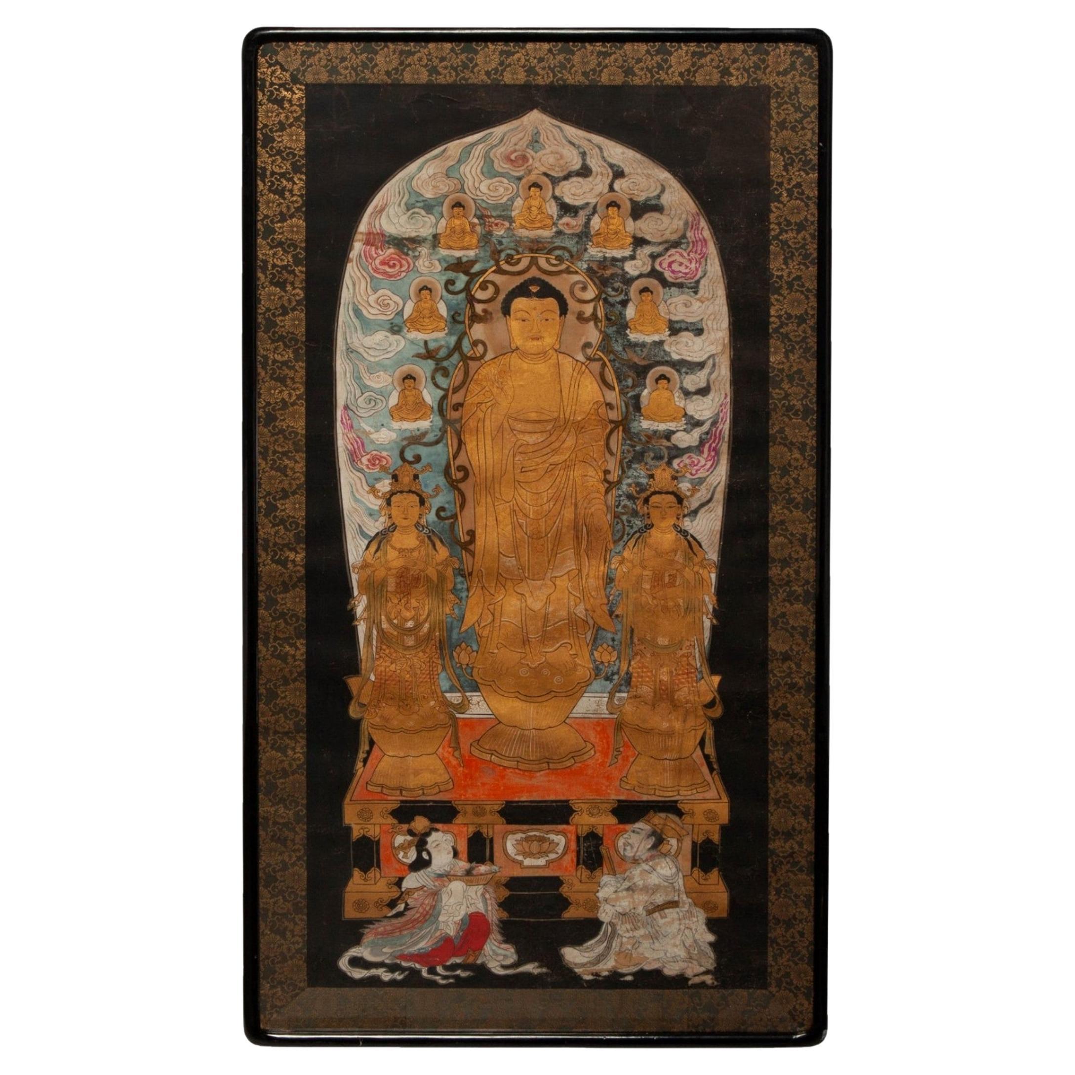Antique Japanese Buddhist Ink & Color On Silk Painting Amida Triad Buddha For Sale