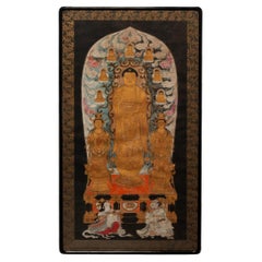 Antique Japanese Buddhist Ink & Color On Silk Painting Amida Triad Buddha
