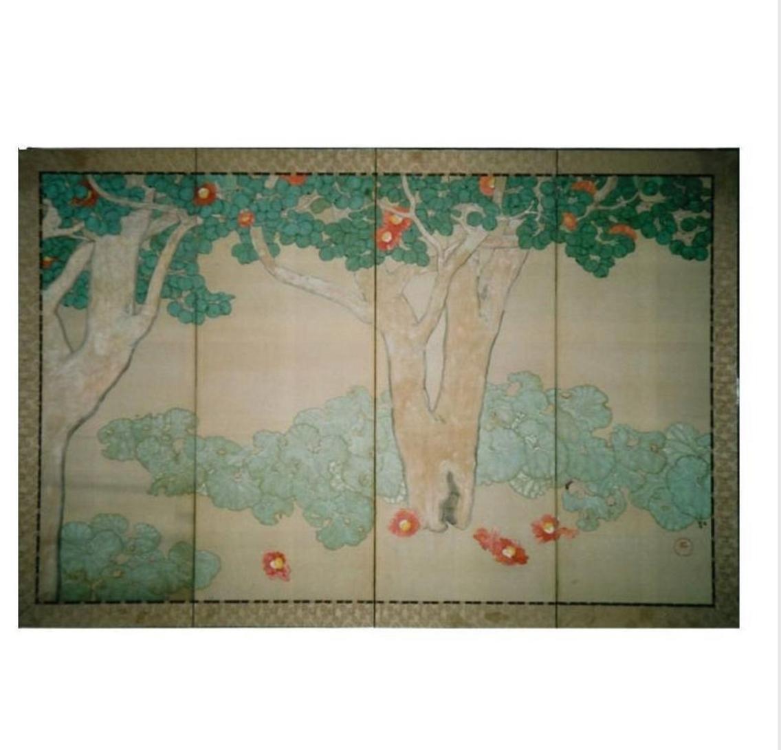 Japonais Paravent japonais ancien à 4 panneaux en forme de camélia ~ Naga Gallery Provenance en vente