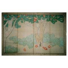 Antique Japanese Camellia Tree 4 Panel Folding Screen ~ Naga Gallery Provenance