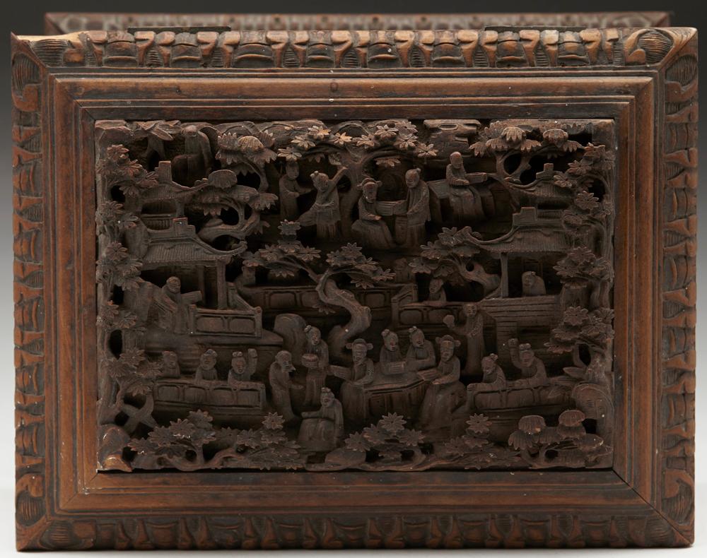 Antique Chinese Canton Carved Wooden Jewelry Box, 19th Century For Sale 2