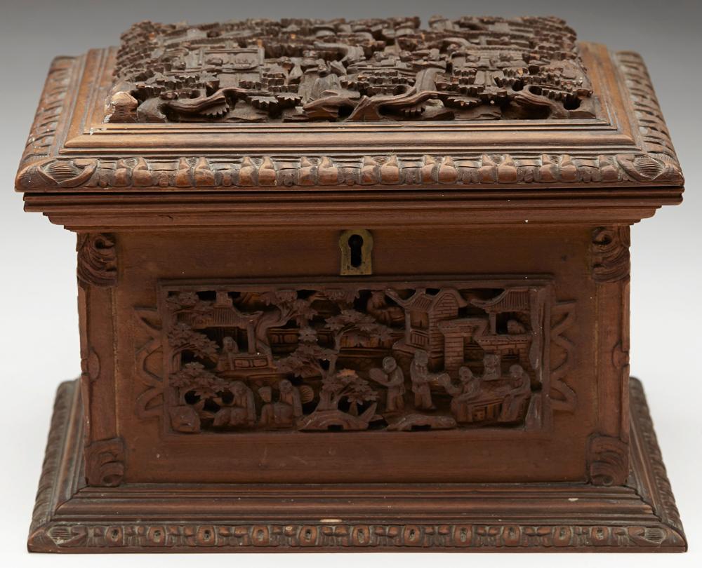Antique Chinese Canton Carved Wooden Jewelry Box, 19th Century For Sale 5