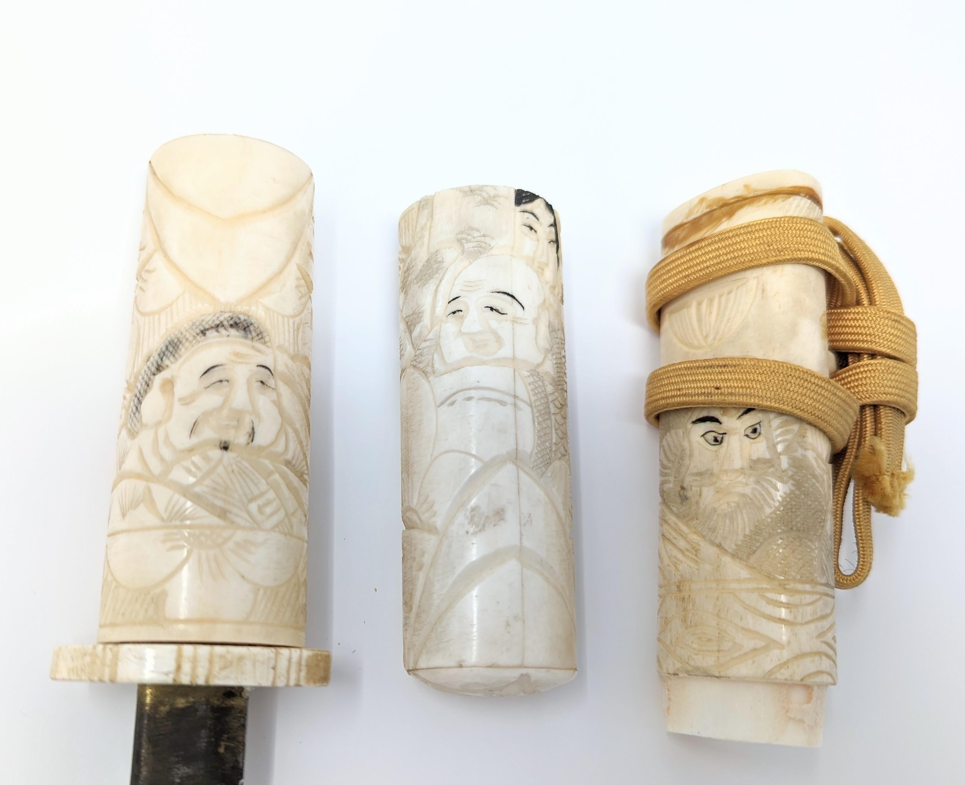 Antique Japanese Carved Bone Letter Opener in the Form Tanto Dagger & Scabbard In Distressed Condition In Greer, SC