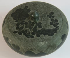 Antique Japanese Carved  Embossed Green Stone Covered Vase late19th C