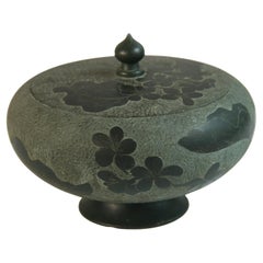 Antique Japanese Carved  Embossed Green Stone Covered Vase late19th C
