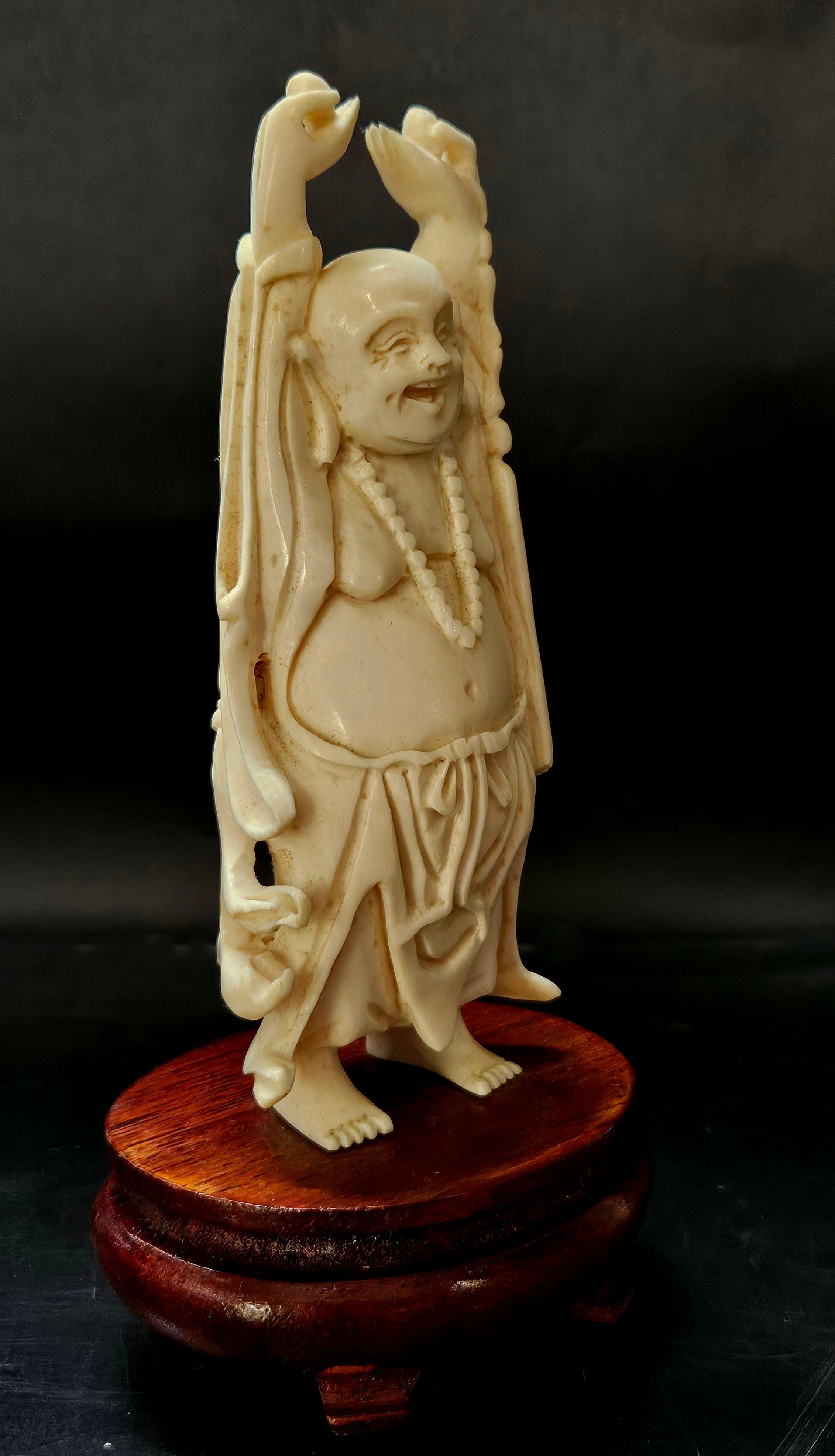 Hand-Crafted Antique Japanese Carved Okimono Happy Buddha, Meiji Period For Sale