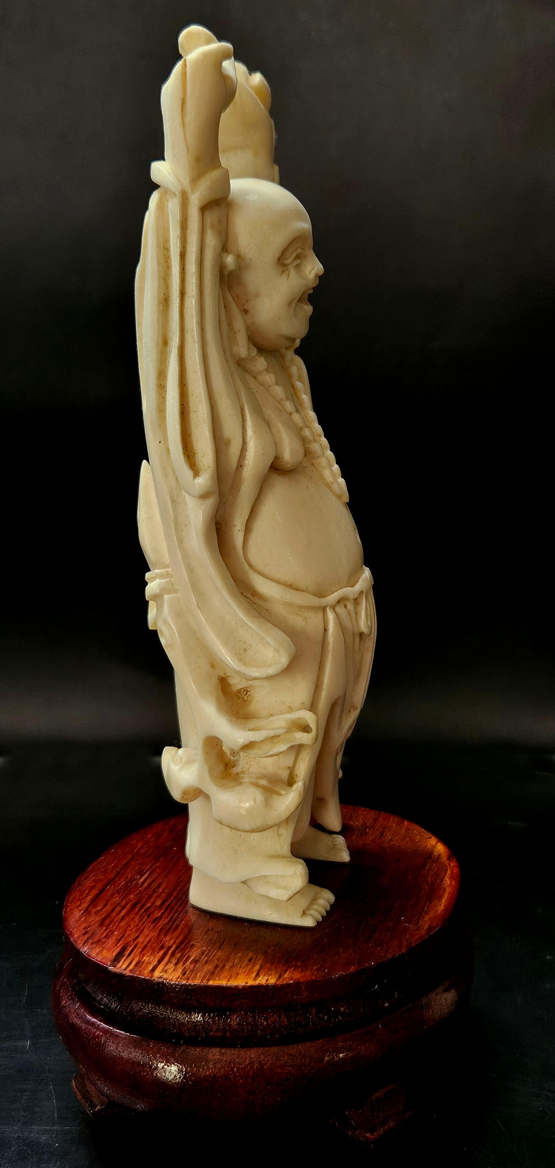 Antique Japanese Carved Okimono Happy Buddha, Meiji Period In Excellent Condition For Sale In Norton, MA